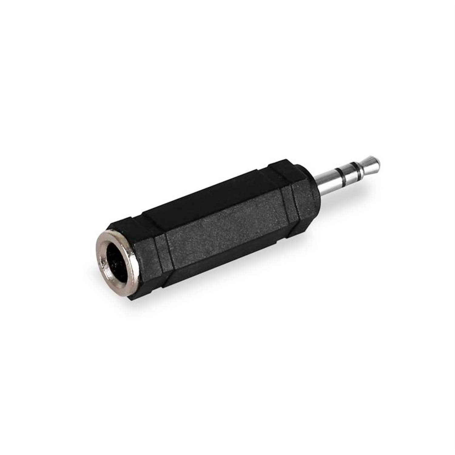 Schwarzer Audio-Klinkenadapter auf weißem Hintergrund.