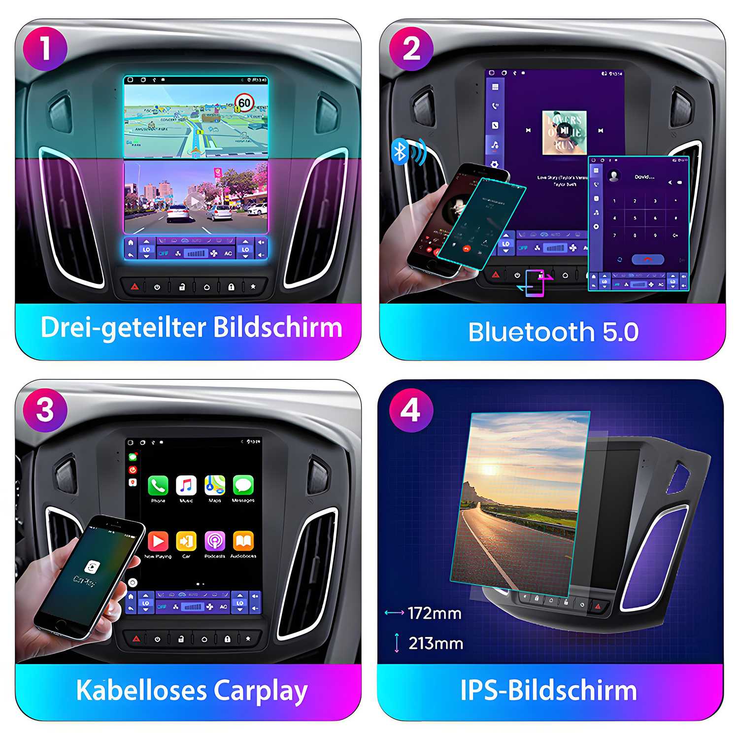 Auto-Multimedia-Bildschirm mit Navigation, Musik, Bluetooth und CarPlay-Anzeige.