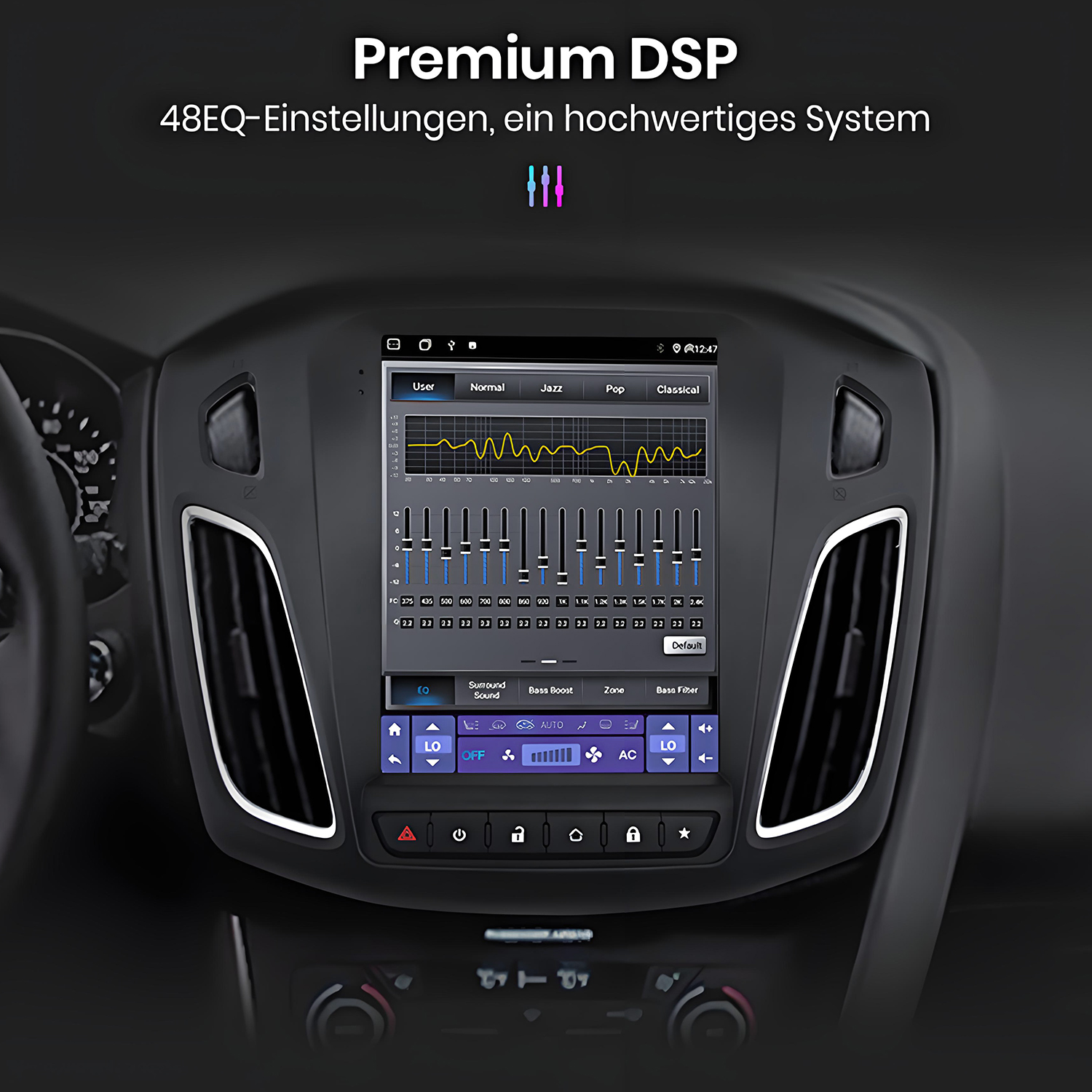 Auto-Audio-Display mit Equalizer-Einstellungen. Text sagt Premium DSP. Andere Tasten sind sichtbar.