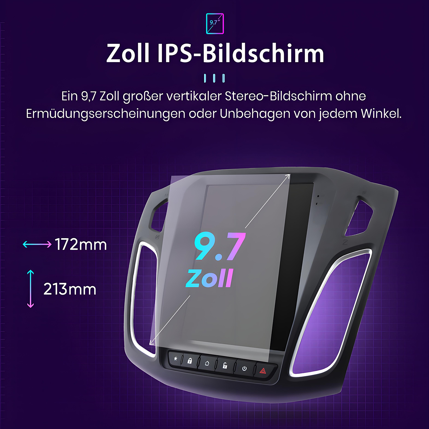 Ein Auto-Stereobildschirm mit lila und schwarzem Design. Der Bildschirm zeigt Abmessungen und Knöpfe.
