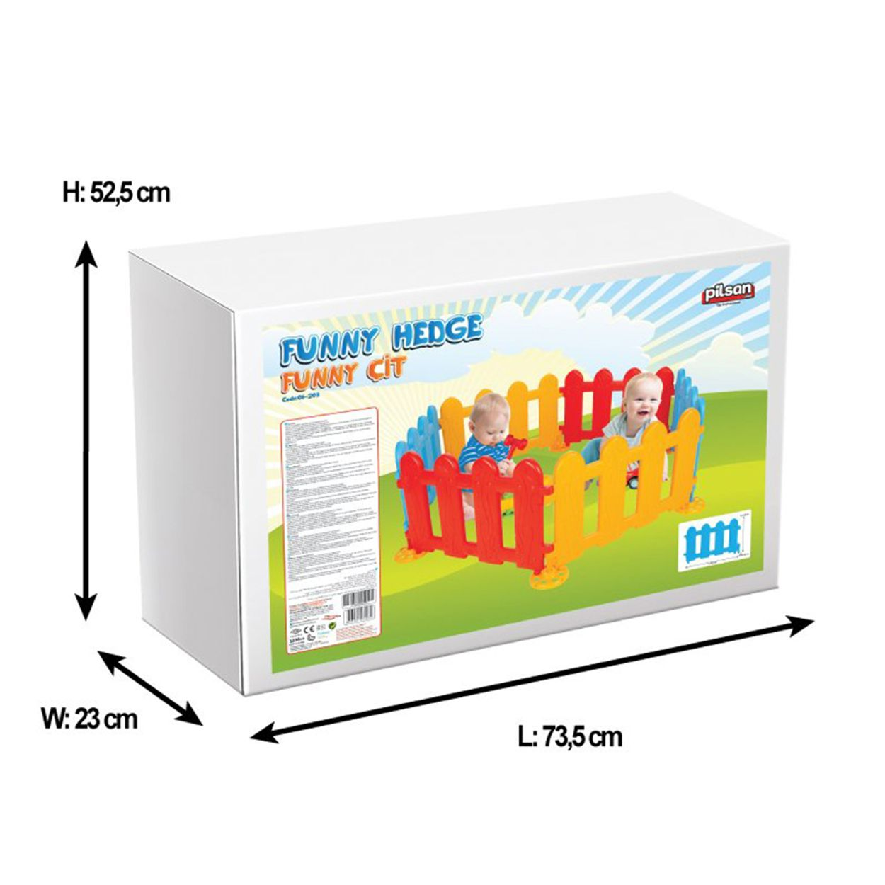 Weiße Box mit buntem Laufstall-Bild. Abmessungen: 73,5 cm lang, 23 cm breit, 52,5 cm hoch.