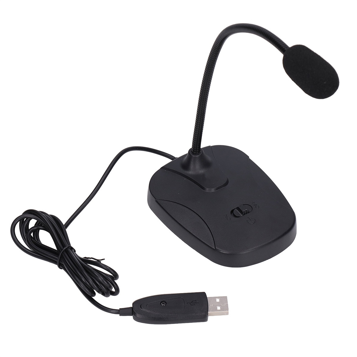 Schwarzes Mikrofon mit flexiblem Hals, Sockel und USB-Anschluss vor weißem Hintergrund.
