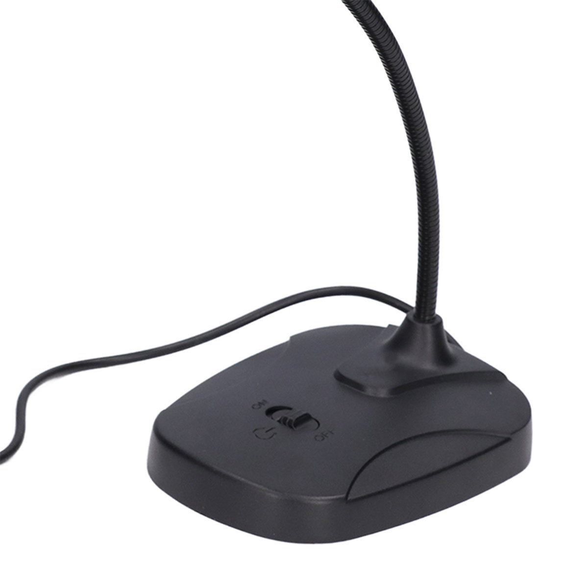 Schwarze Schreibtischlampe mit flexiblem Hals und Sockel mit Ein/Aus-Schalter. Weißer Hintergrund.