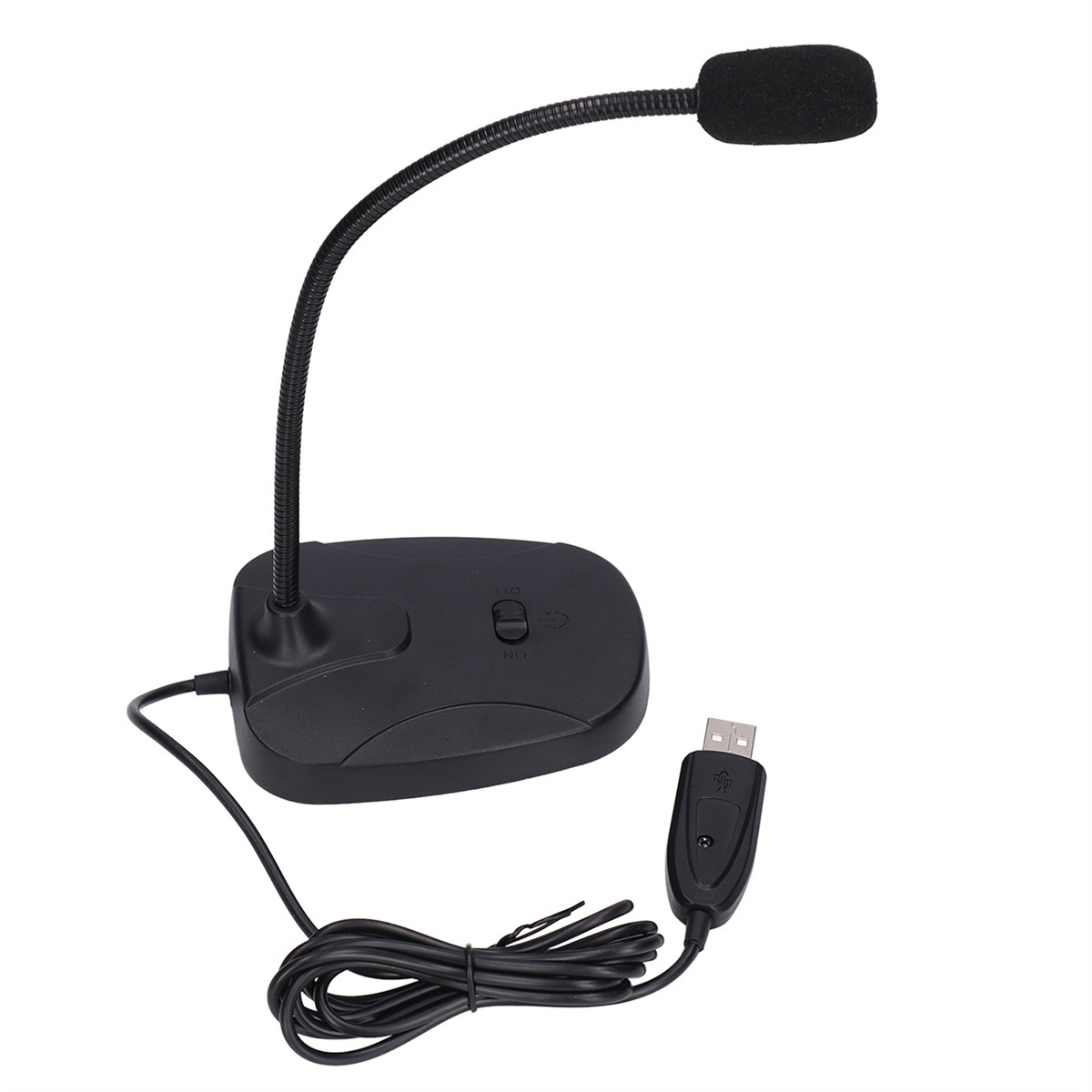 Ein schwarzes USB-Mikrofon mit flexiblem Hals und kleiner, schwarzer Basis, verbunden mit einem USB-Kabel.