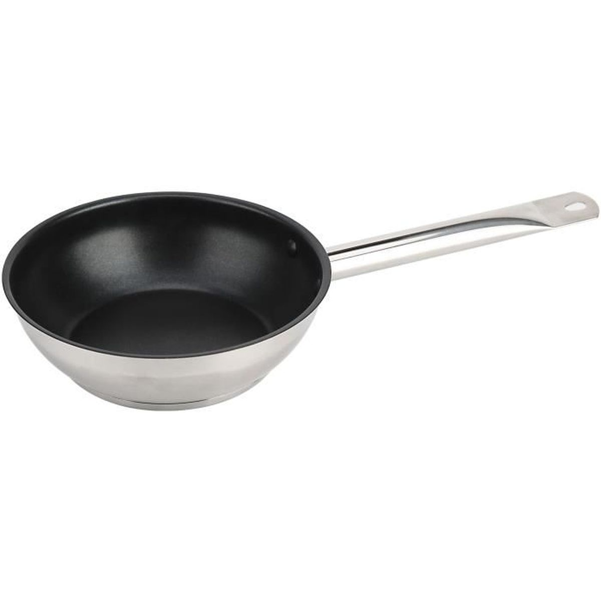 Wok-Pfanne aus Edelstahl mit langem Griff.