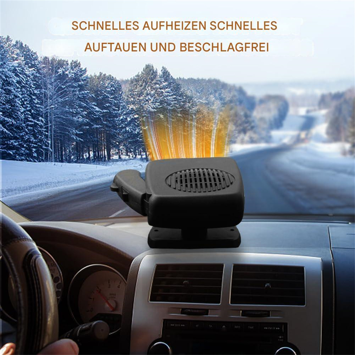 Schwarze Autoheizung auf dem Armaturenbrett. Durch die Windschutzscheibe sind schneebedeckte Bäume und eine Straße zu sehen.