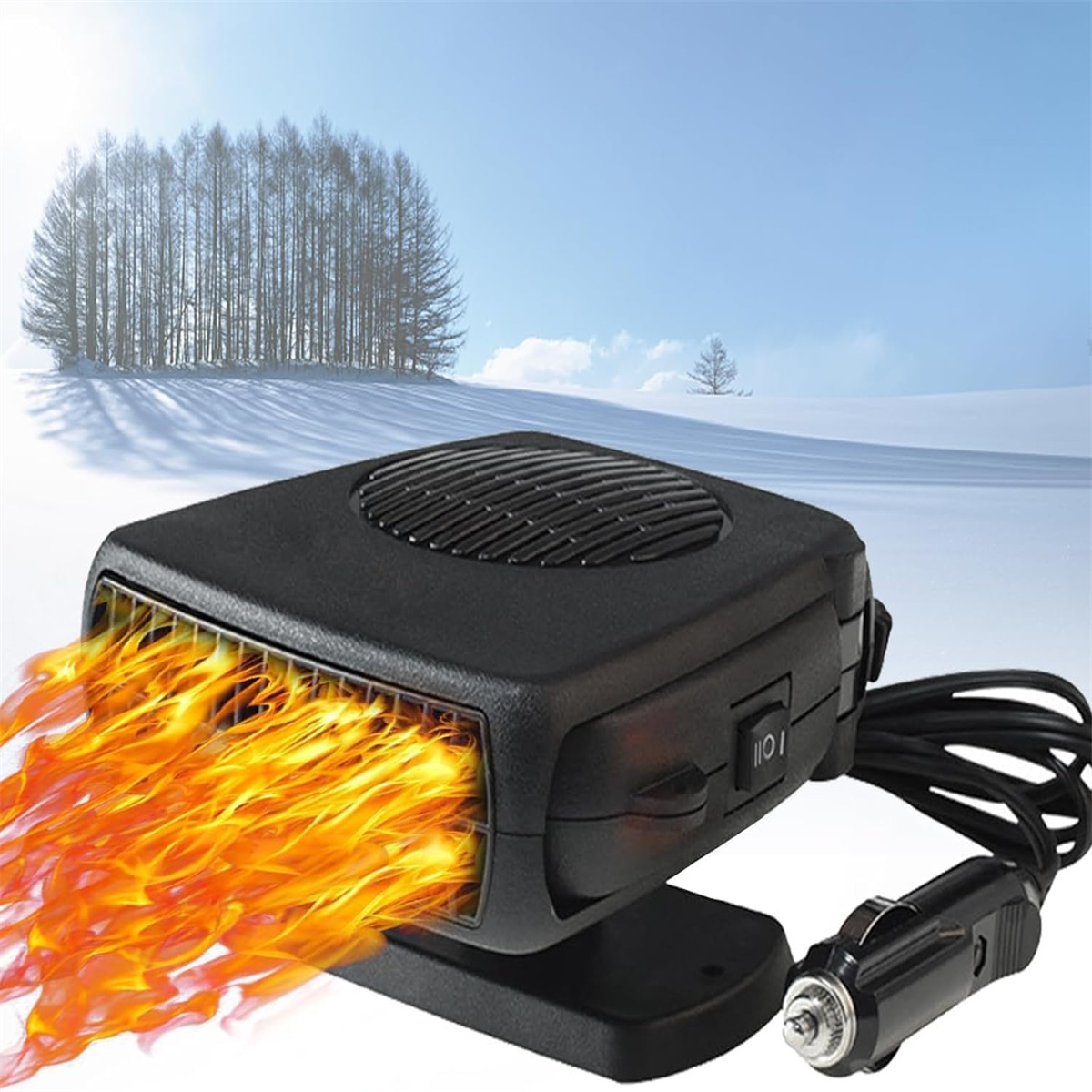 Eine schwarze Autoheizung mit Stromkabel und Stecker. Flammen kommen aus der Heizung vor Winterkulisse.