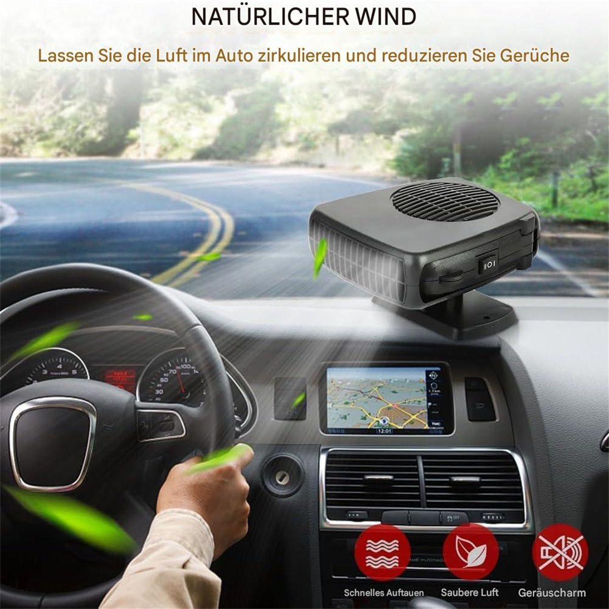 Ein Auto-Innenraum mit schwarzem Armaturenbrett, einem Ventilator und Blick auf die Straße.