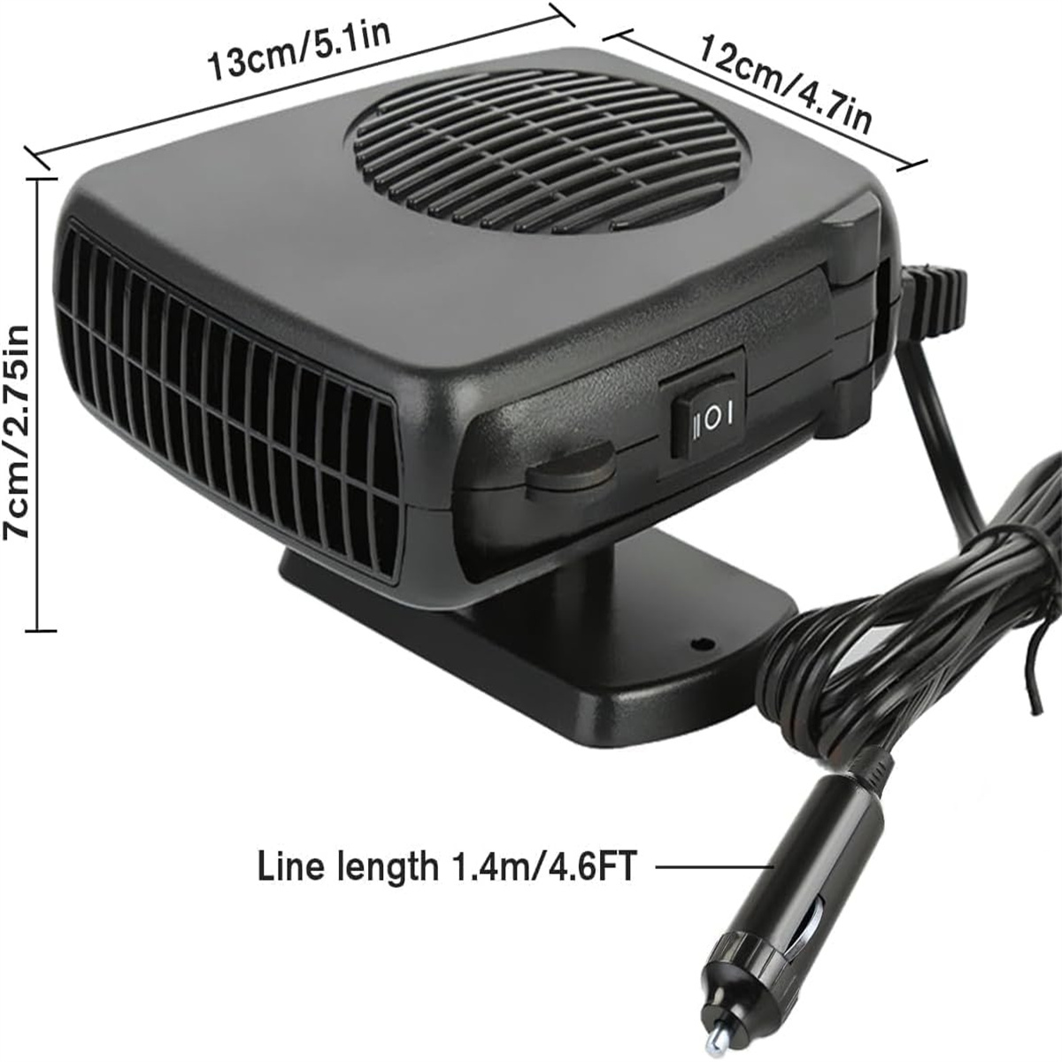 Schwarze Autoheizung mit Abmessungen und Netzstecker. Schwarz-Weiß-Farbschema.