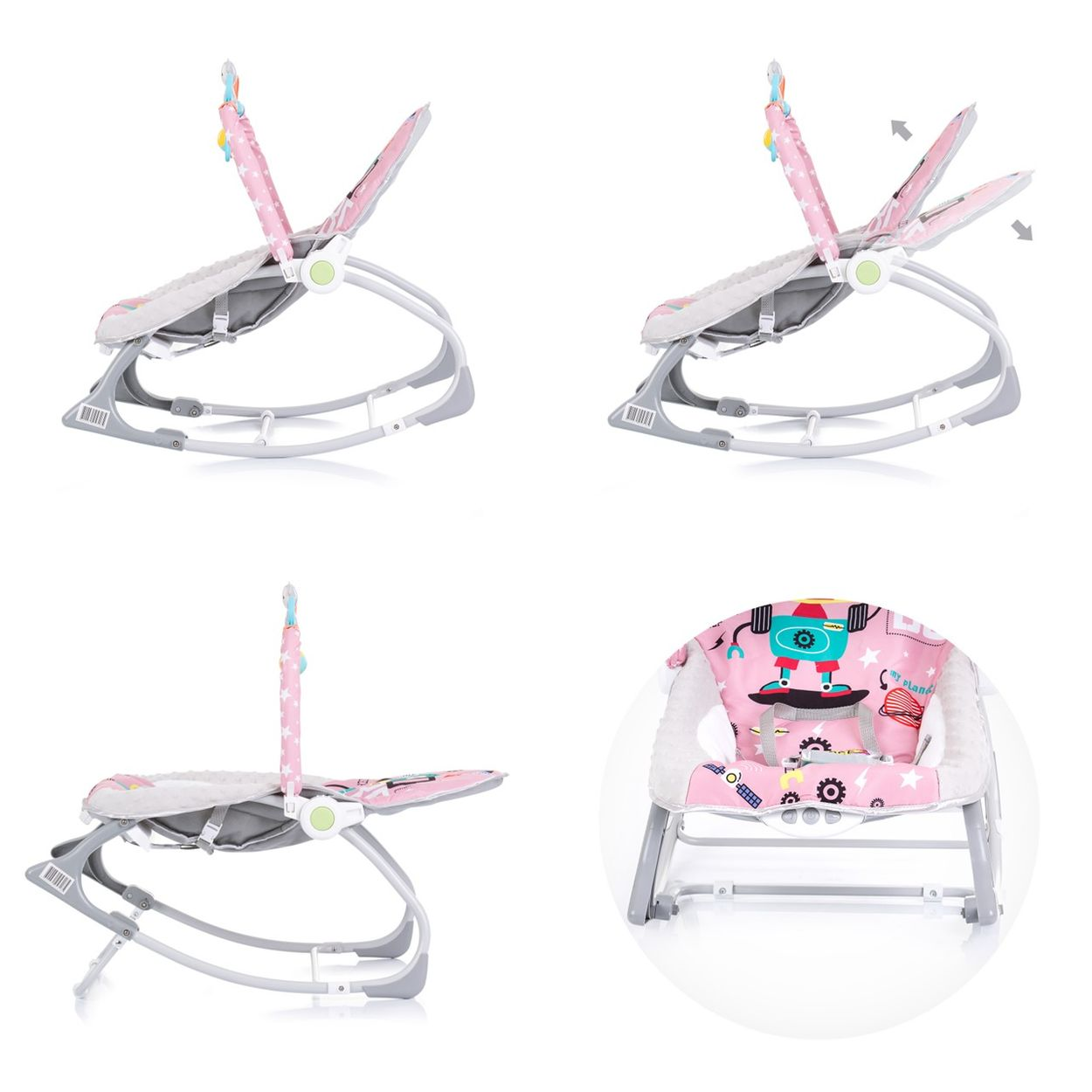 Babywippe in verschiedenen Zuständen, zeigt Anpassungen und das Sitzdesign.