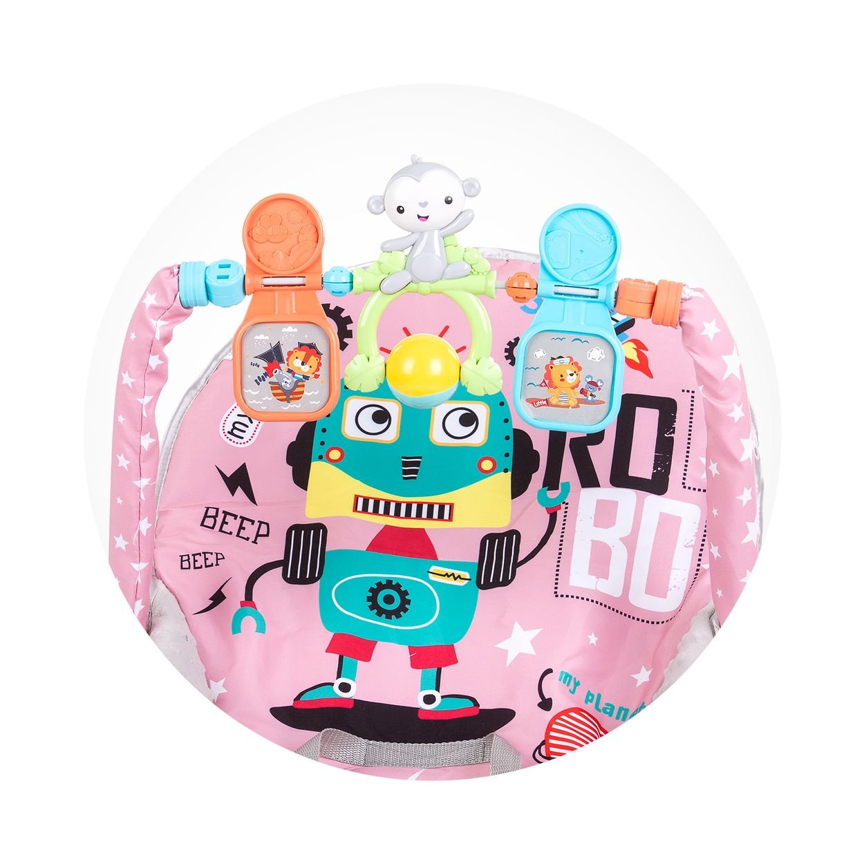 Eine Babyspielmatte mit Robotermotiv, einschließlich einer Roboterfigur und verschiedener Spielsachen.