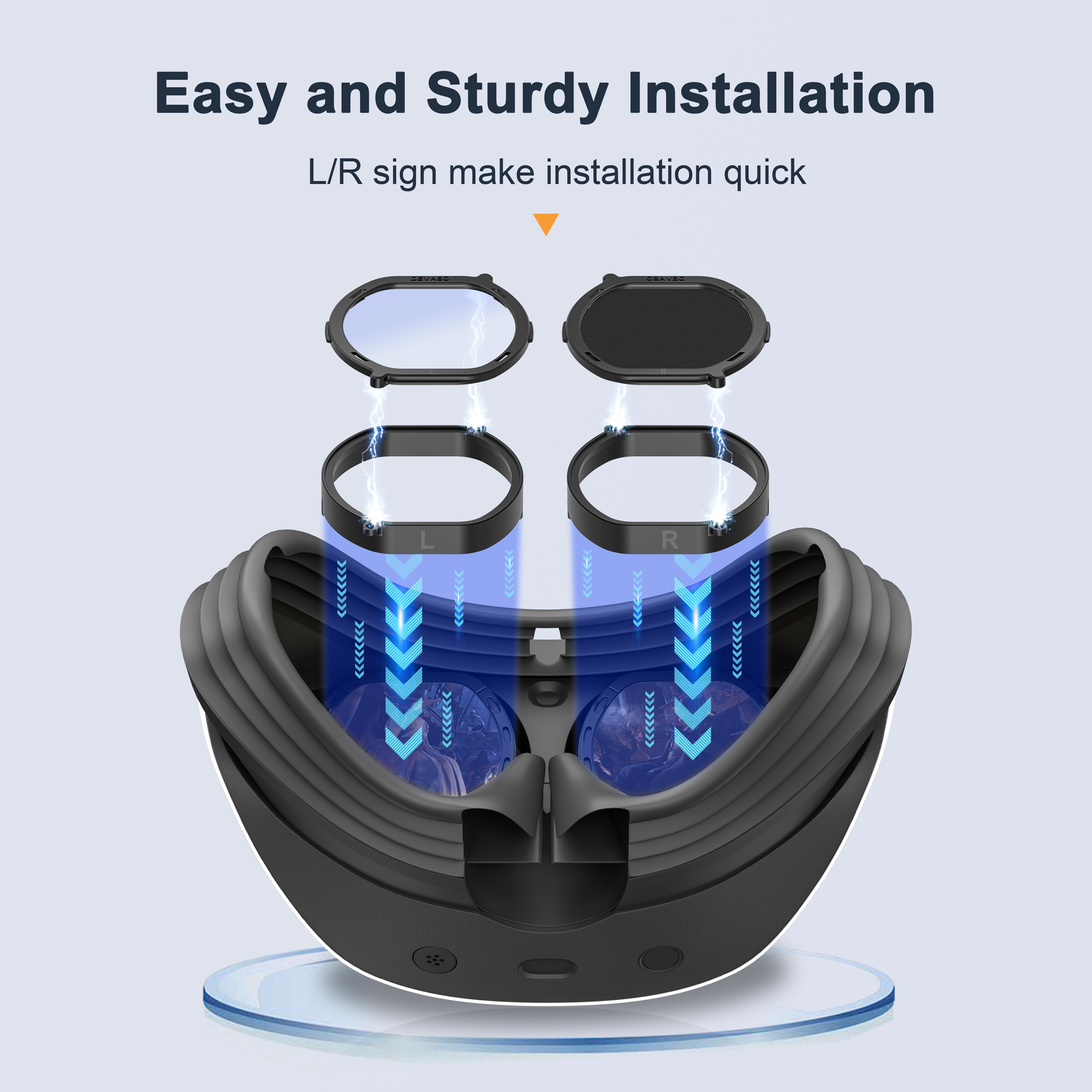 VR-headset met componenten. Tekst: Eenvoudige en stevige installatie. Blauwe pijlen geven montage aan.