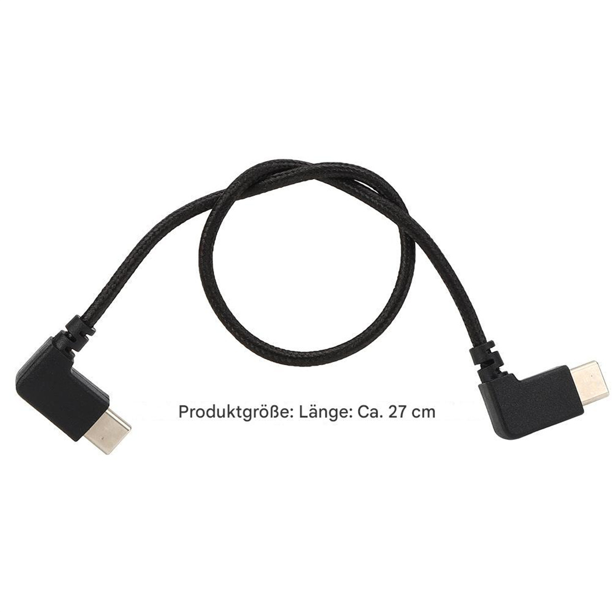 Schwarzes USB-C-Kabel mit zwei abgewinkelten Steckern, die eine Schlaufe bilden. Produktgröße ca. 27 cm.