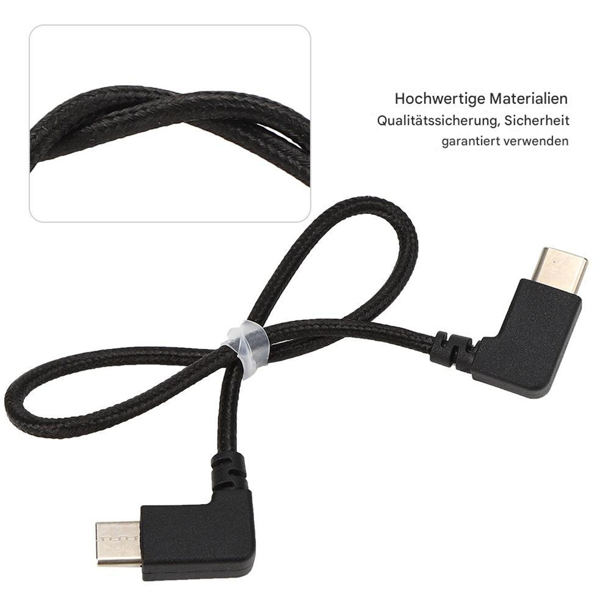 Ein schwarzes USB-C-Kabel mit Winkelstecker und weißem Kunststoffclip, Nahaufnahme.