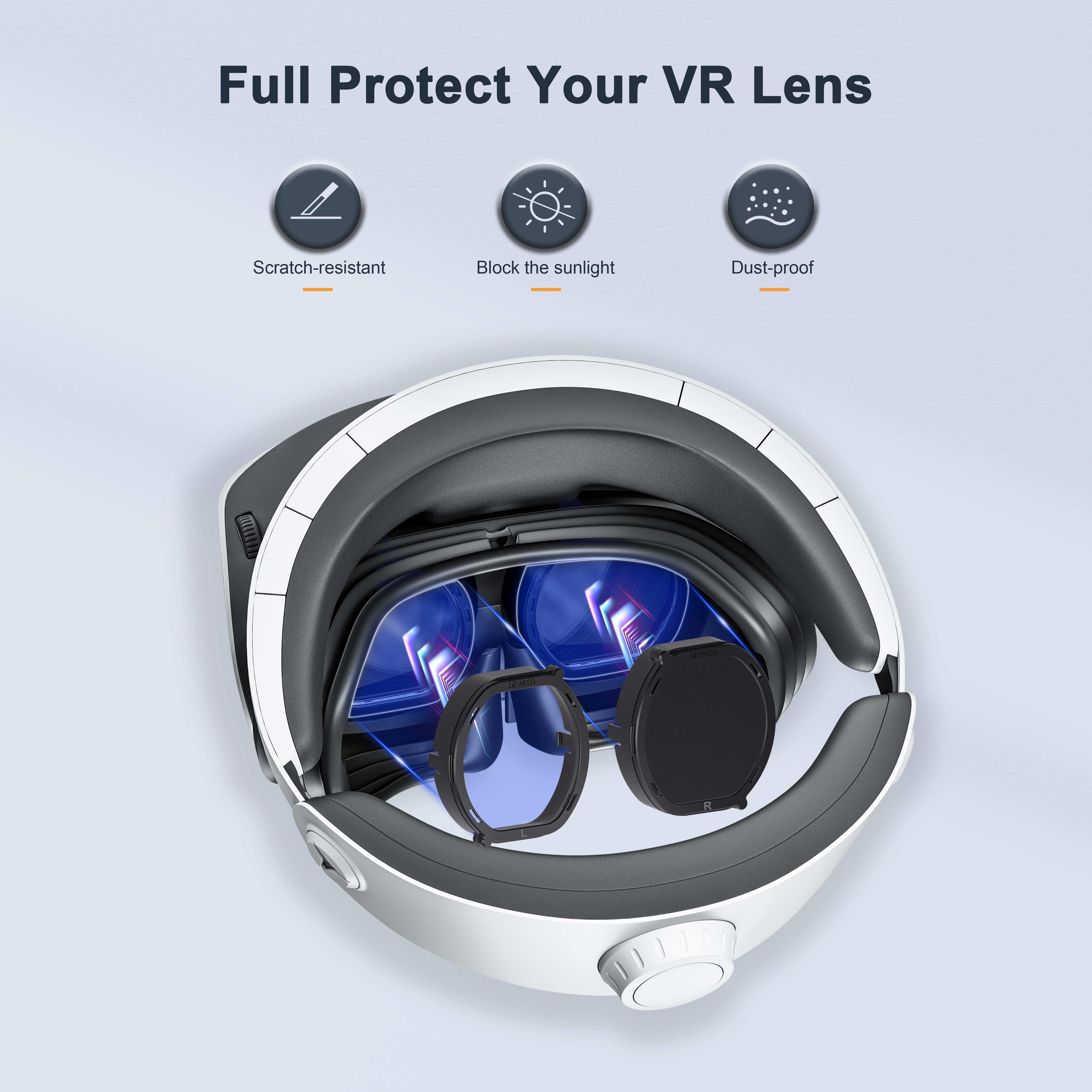 VR-headset met lensbeschermers en pictogrammen die bescherming tegen krassen, zonlicht en stof tonen.