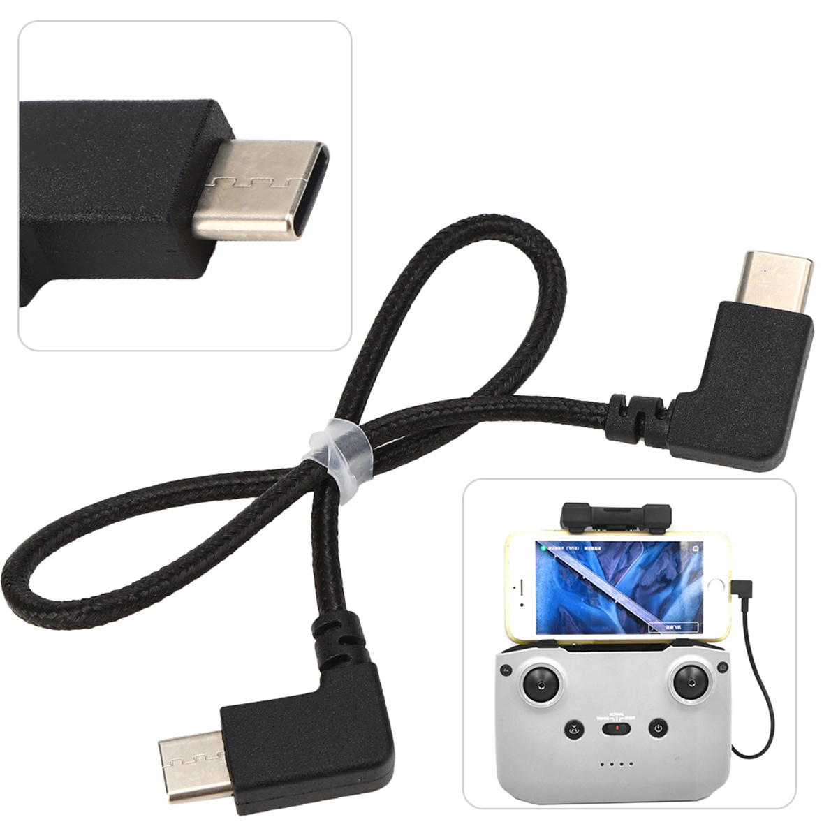 Ein schwarzes Kabel mit zwei USB-C-Anschlüssen und einem Telefon.