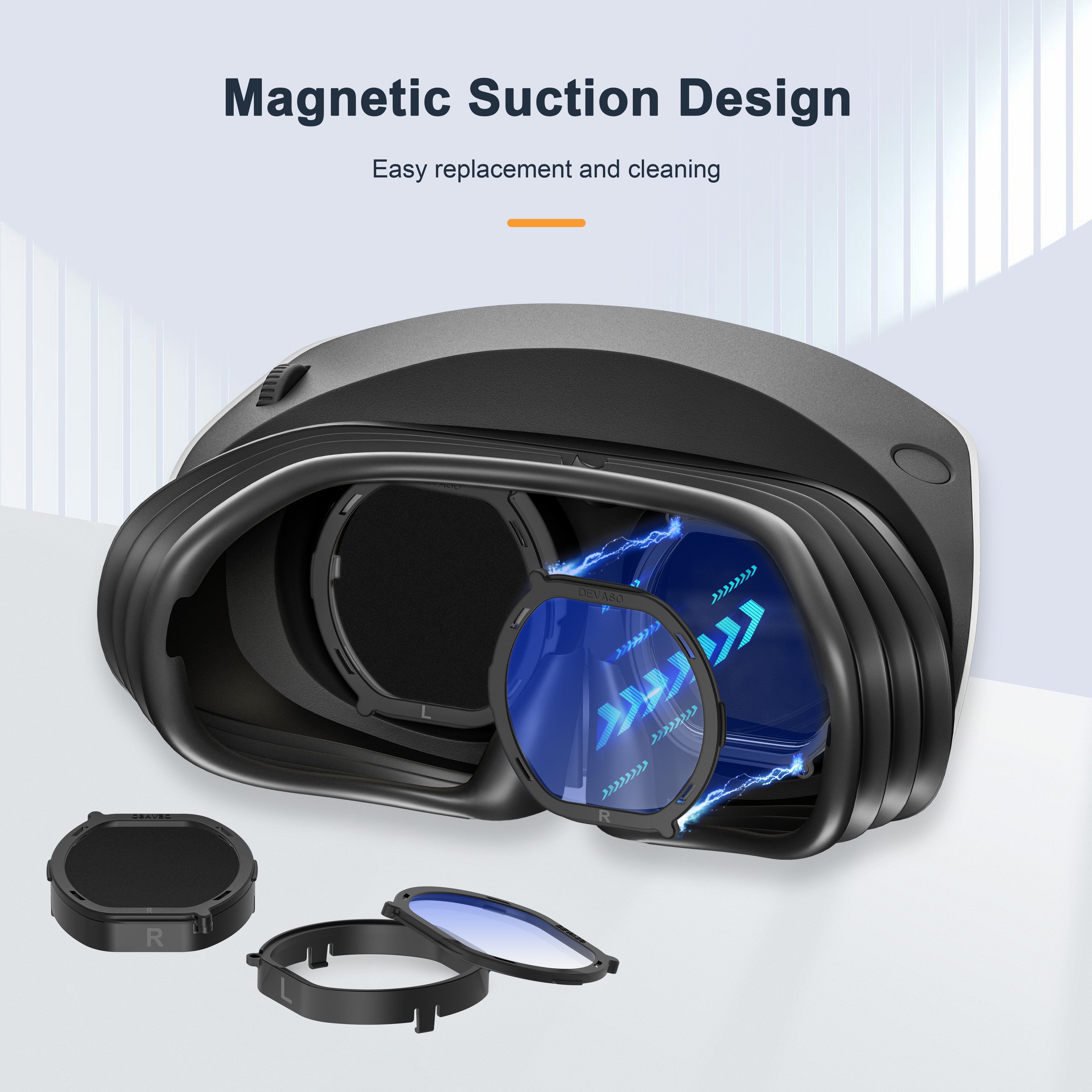 VR-headset met accessoires: lenzen en een magnetische afdekking, blauwe accenten.