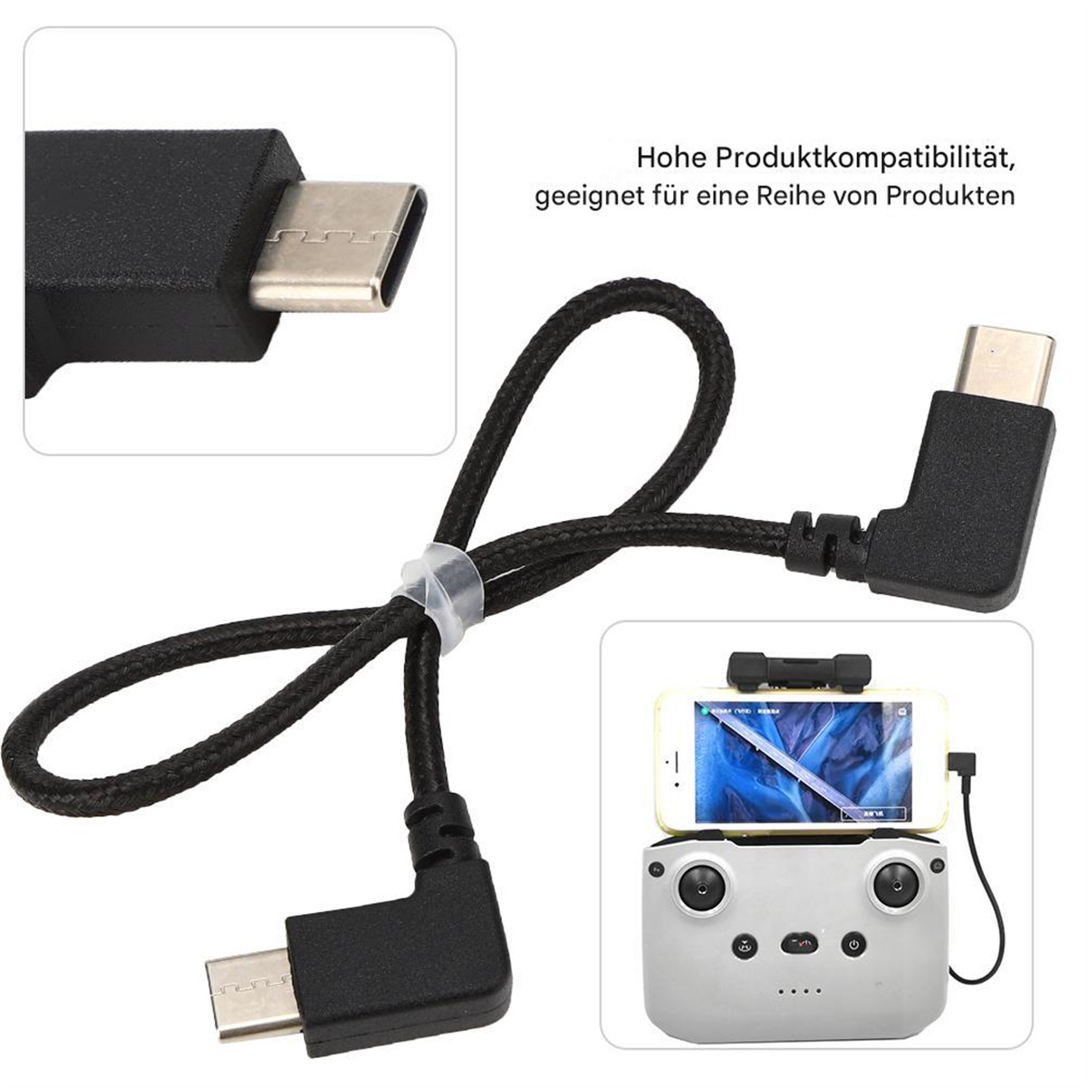 Nahaufnahme eines schwarzen USB-C-Kabels und -Adapters für ein Telefon und einen Controller. Der Text ist auf Deutsch.