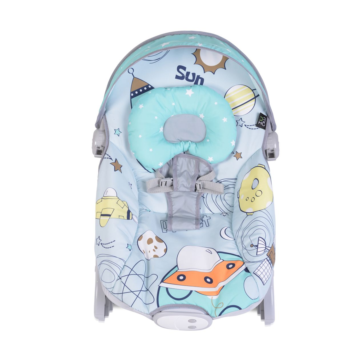 Babywippe mit Weltraumthema: blau, mit Planeten, Sonne und türkis Kopfstütze.