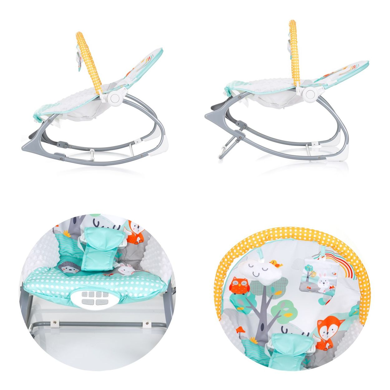 Babywippe mit bunten Mustern und abnehmbarer Spielzeugstange.