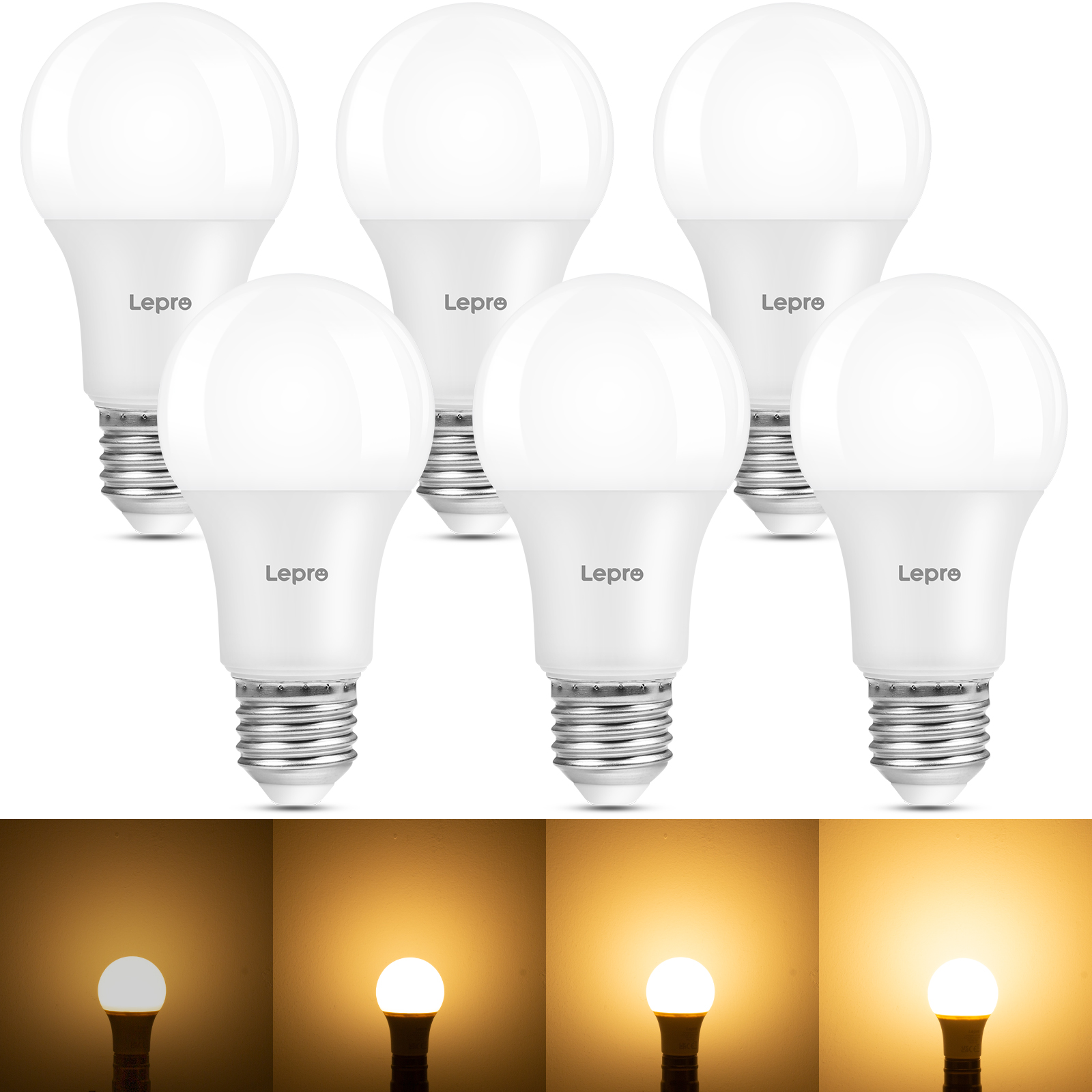 Sechs weiße LED-Glühbirnen mit dem Markennamen 'Lepro' auf dem Sockel.