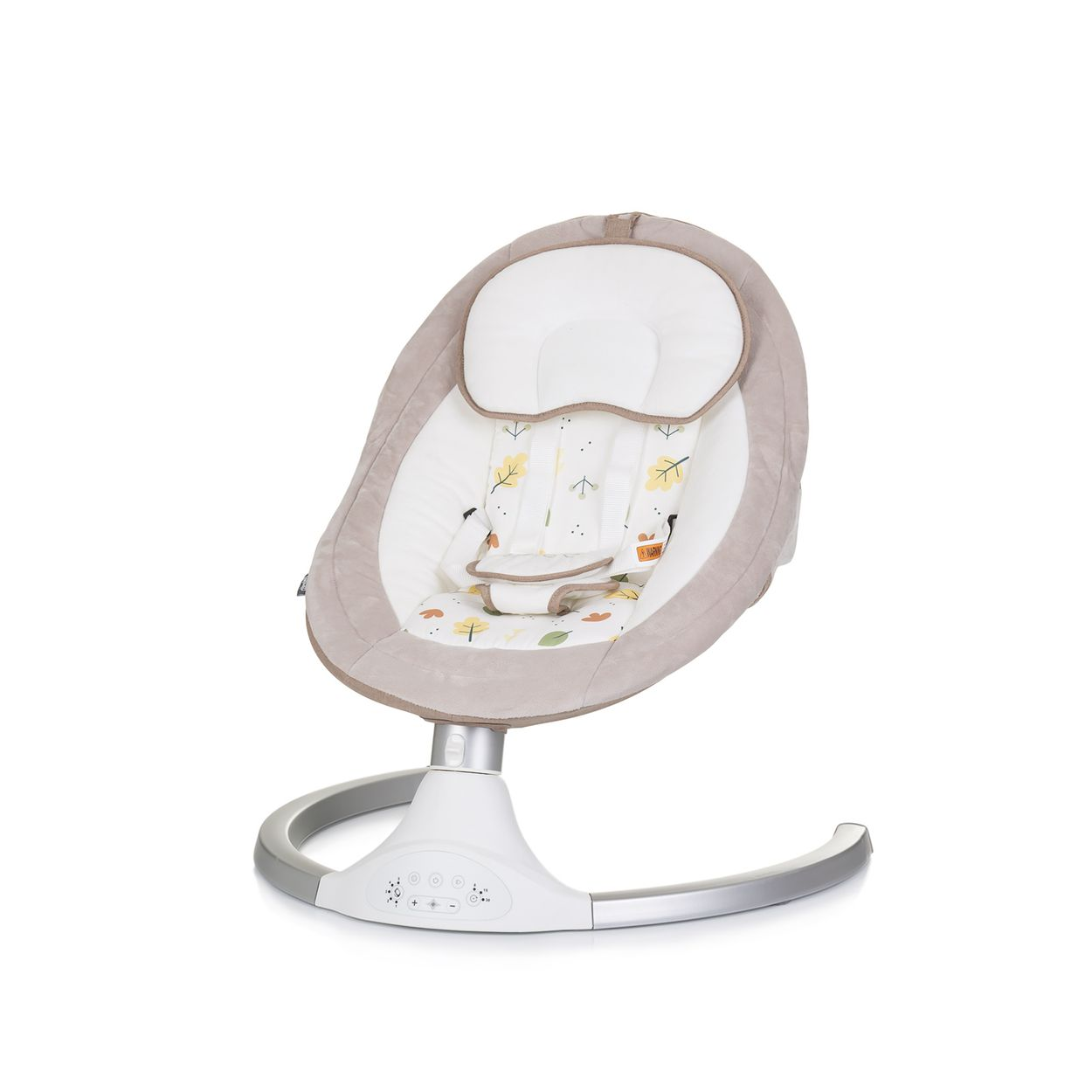 Eine Babywippe in neutralem Farbschema, isoliert auf weißem Hintergrund.