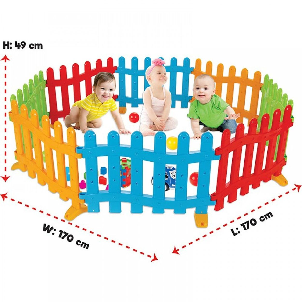 Drei Babys in einem bunten Laufstall. Abmessungen: 170 cm x 170 cm x 49 cm.