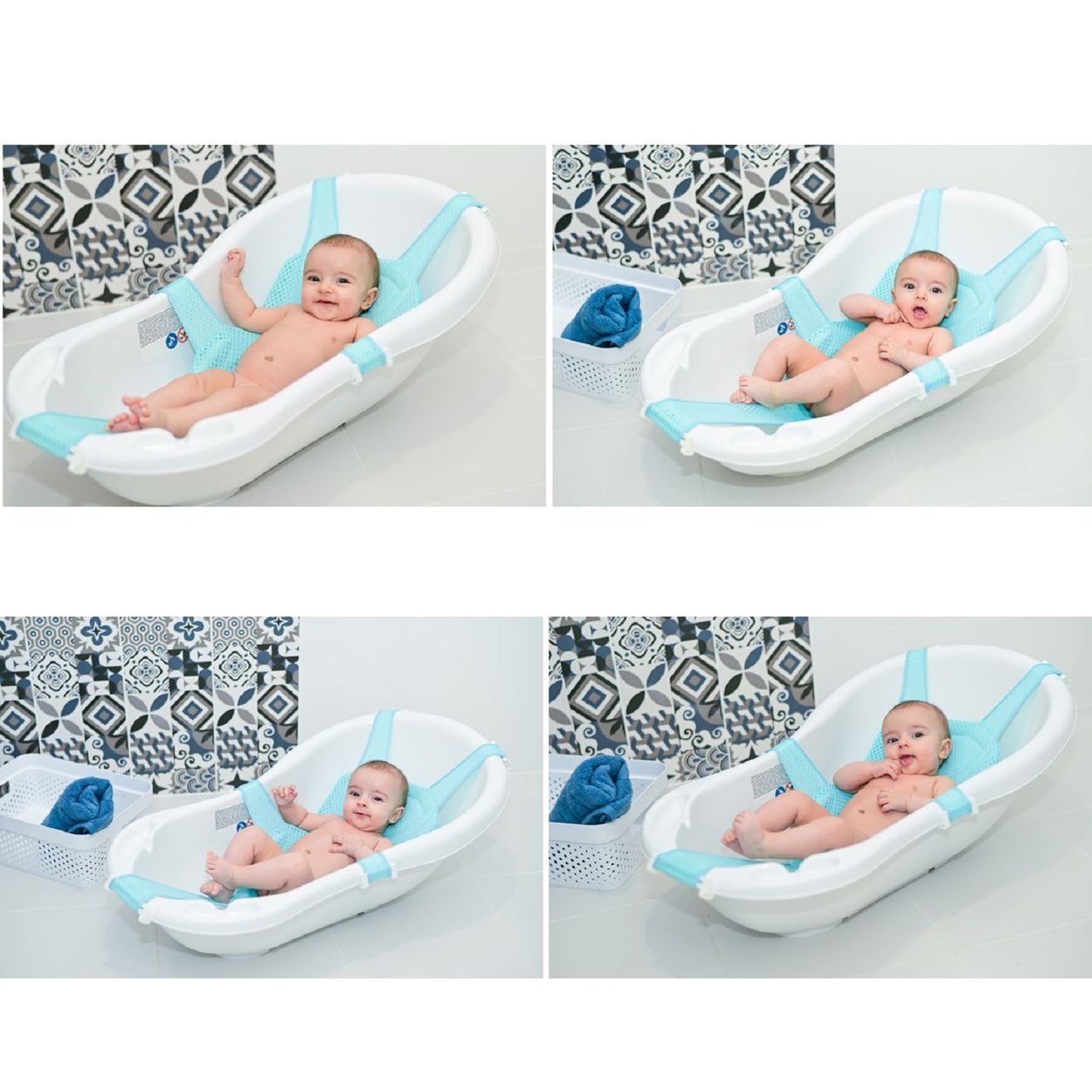 Vier Bilder eines Babys in einem Babybad. Das Baby sitzt in einem blauen Netzsitz in einer weißen Wanne.