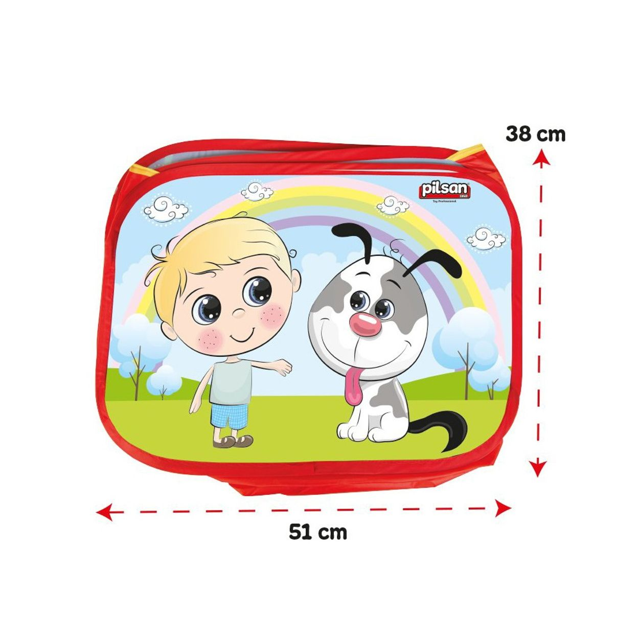 Kinderspielzelt mit Cartoonfiguren. Himmel mit Regenbogen über einer Wiese.