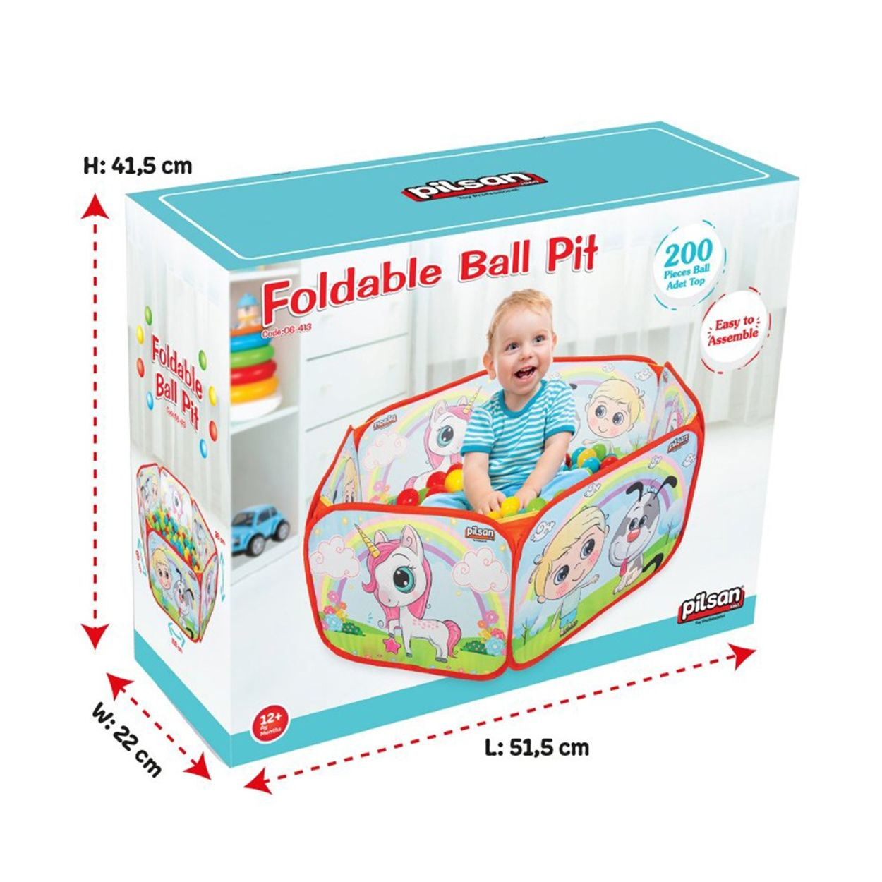 Eine faltbare Bällebad-Box mit spielendem Kind, mit Abmessungen.
