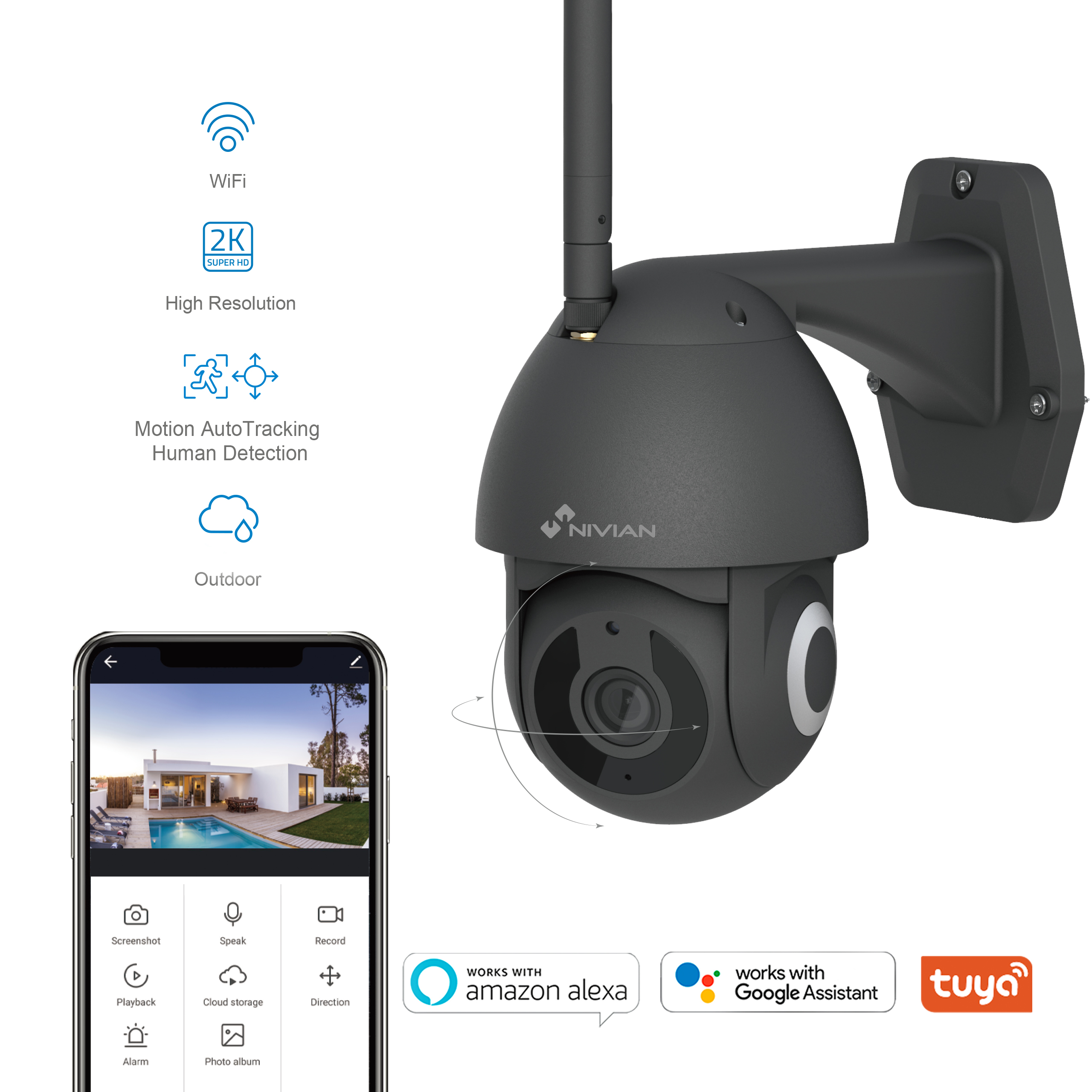 Una cámara de seguridad exterior negra con un teléfono que muestra la interfaz de la aplicación. Wi-Fi y otros iconos.