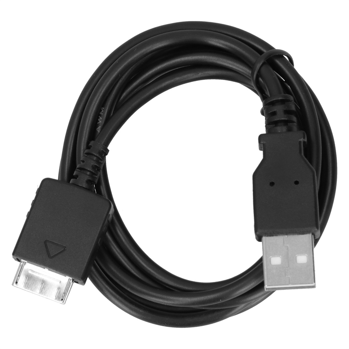 Schwarzes USB-zu-Telefon-Kabel. USB-Ende und Telefonanschluss. Schwarzer Hintergrund.