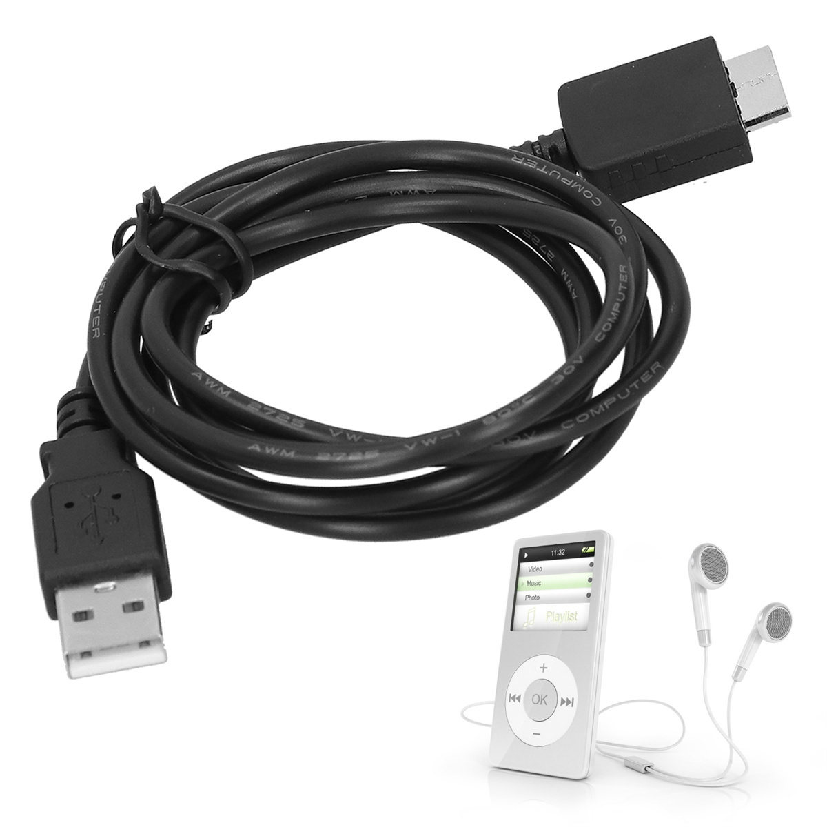 Schwarzes USB-Kabel mit USB- und Micro-USB-Anschluss, mit weißen Kopfhörern und einem weißen iPod.