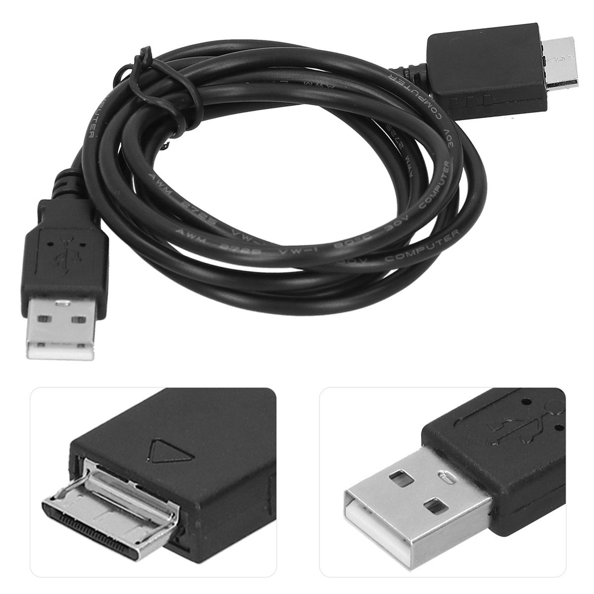 Schwarzes USB-Kabel mit zwei verschiedenen Anschlüssen, isoliert.