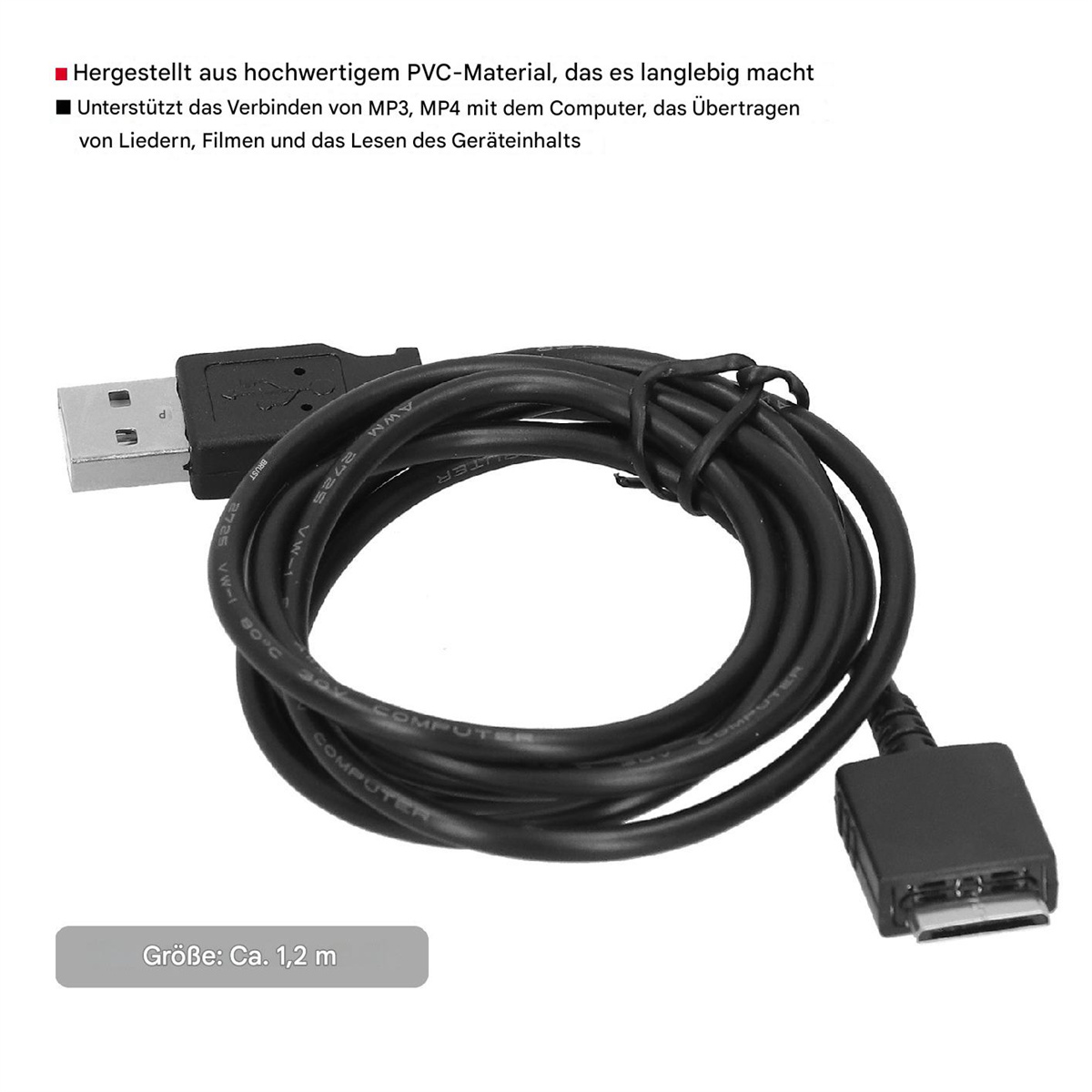 Ein schwarzes USB-Kabel mit USB-Anschluss und kleinem Stecker für ein Gerät, mit Text.