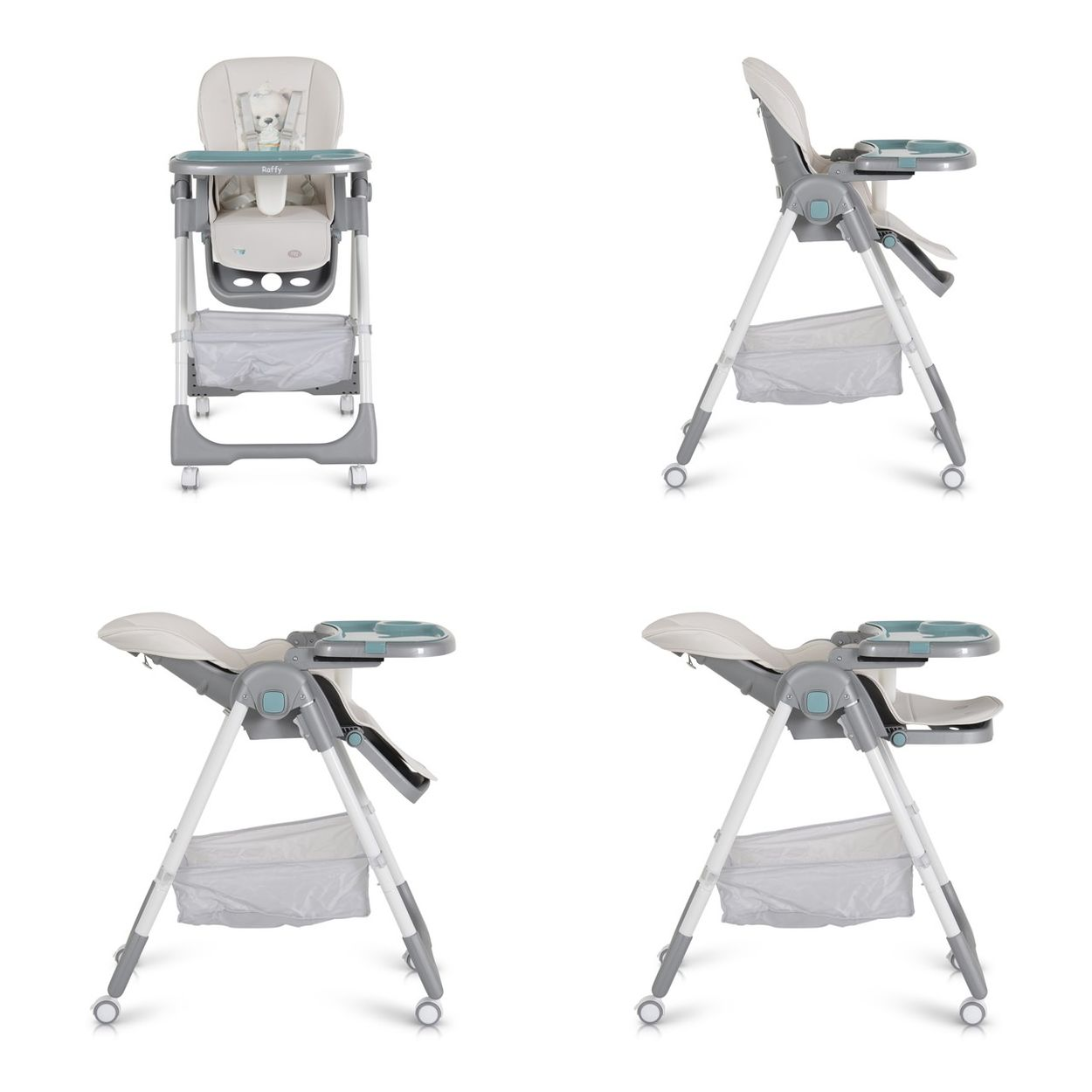 Vier Ansichten eines weiß-grauen Babyhochstuhls mit Tablett und Beinauflagen.