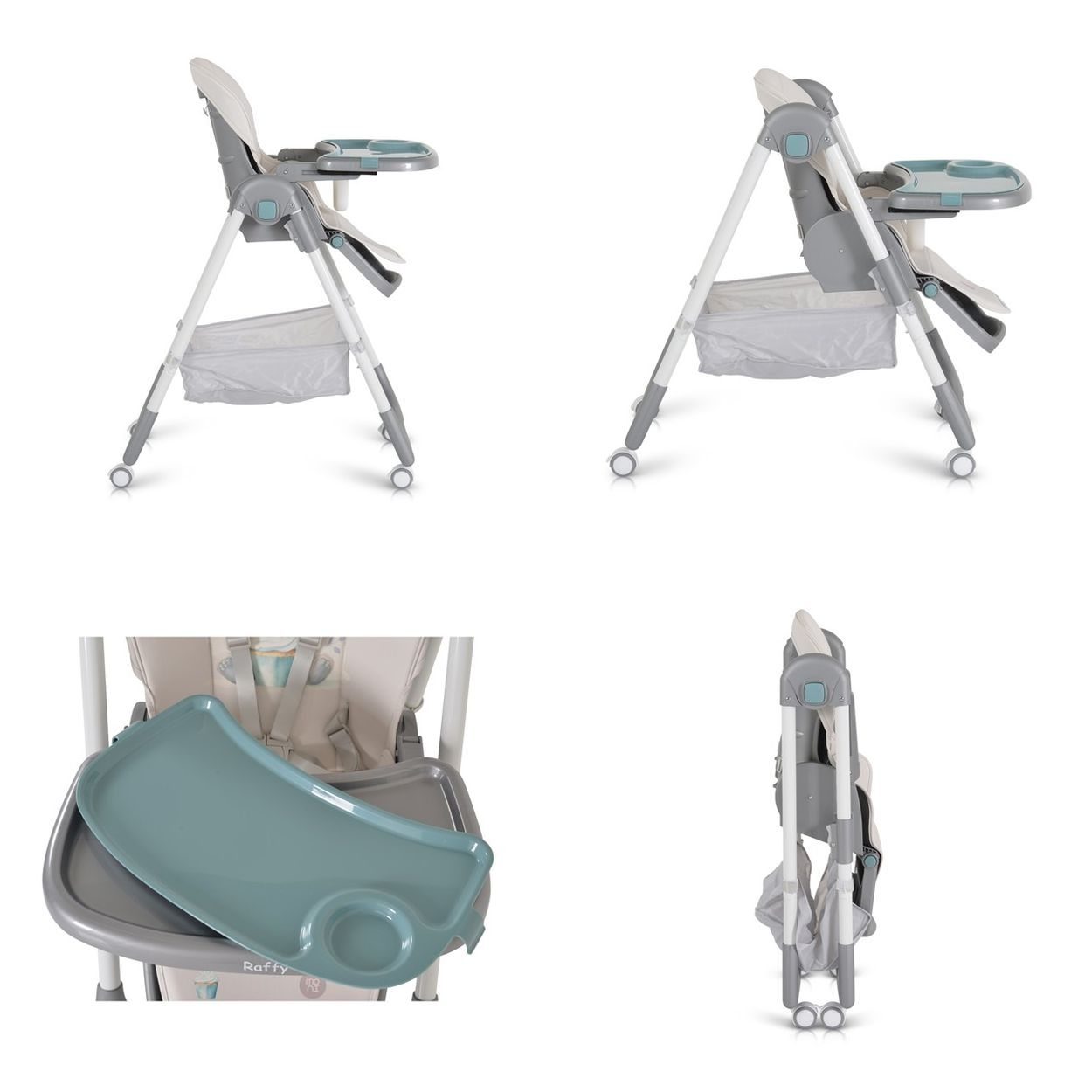 Babyhochstuhl in mehreren Ansichten. Tablett und Beindesign sind sichtbar.