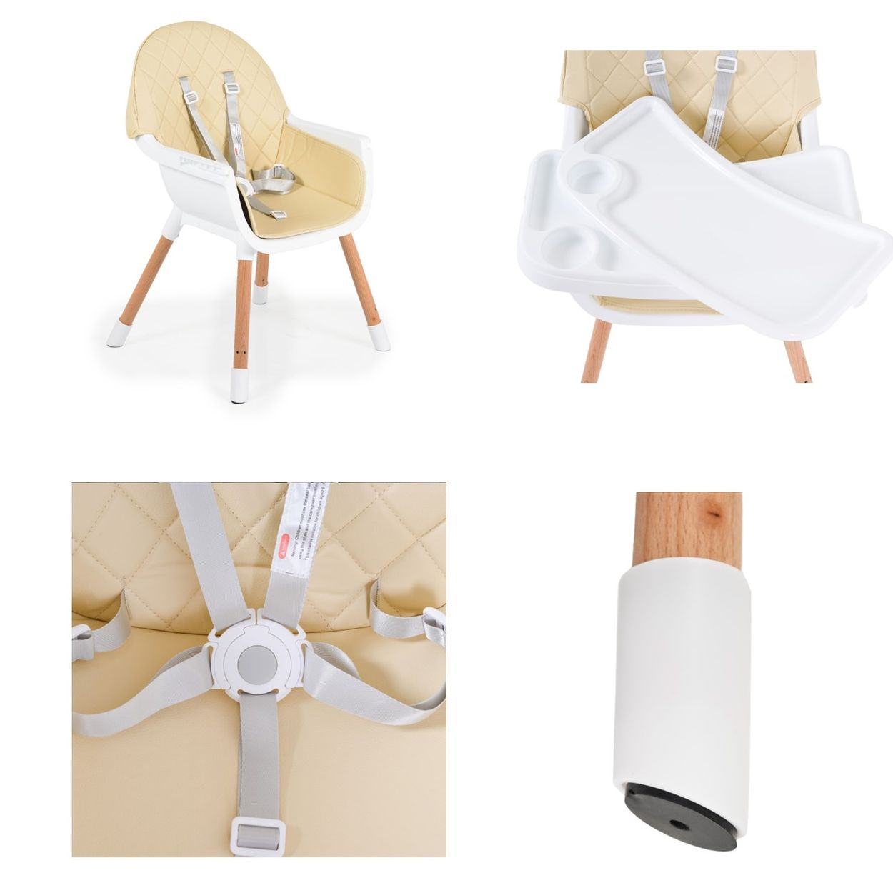 Vier verschiedene Ansichten eines weißen und beigefarbenen Babyhochstuhls. Tablett und Gurte sind sichtbar.