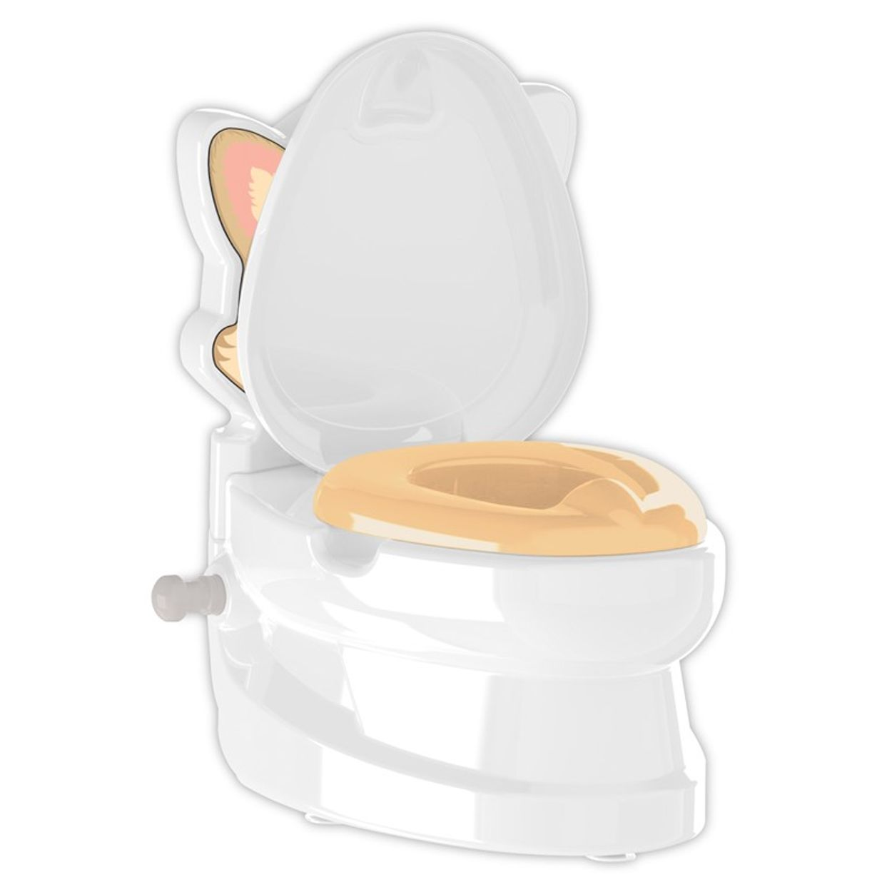 Weißes Töpfchen mit Katzen-Design und gelbem Sitz, vor weißem Hintergrund.