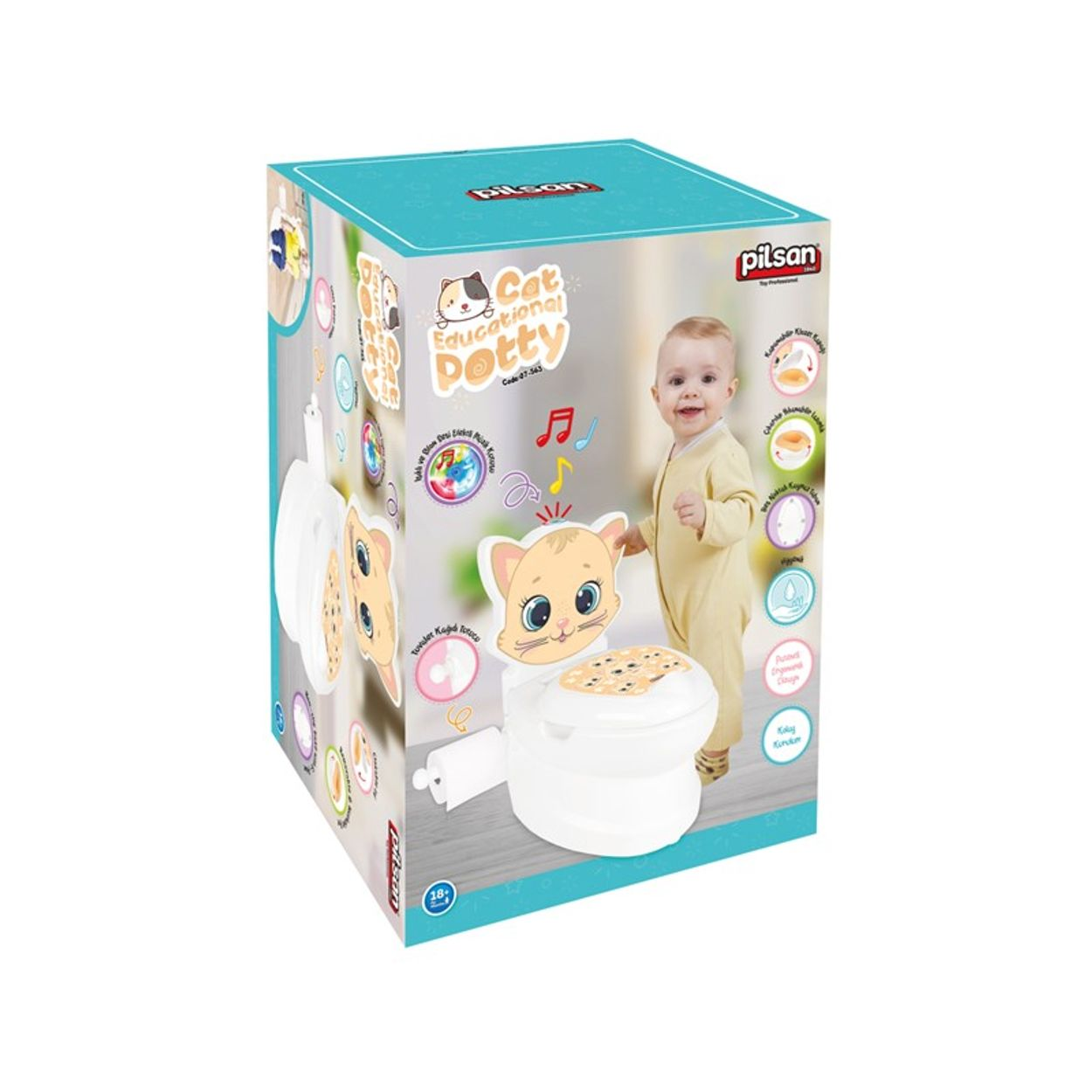 Box mit Baby-Töpfchen. Ein Baby ist auf der Seite der Box abgebildet.