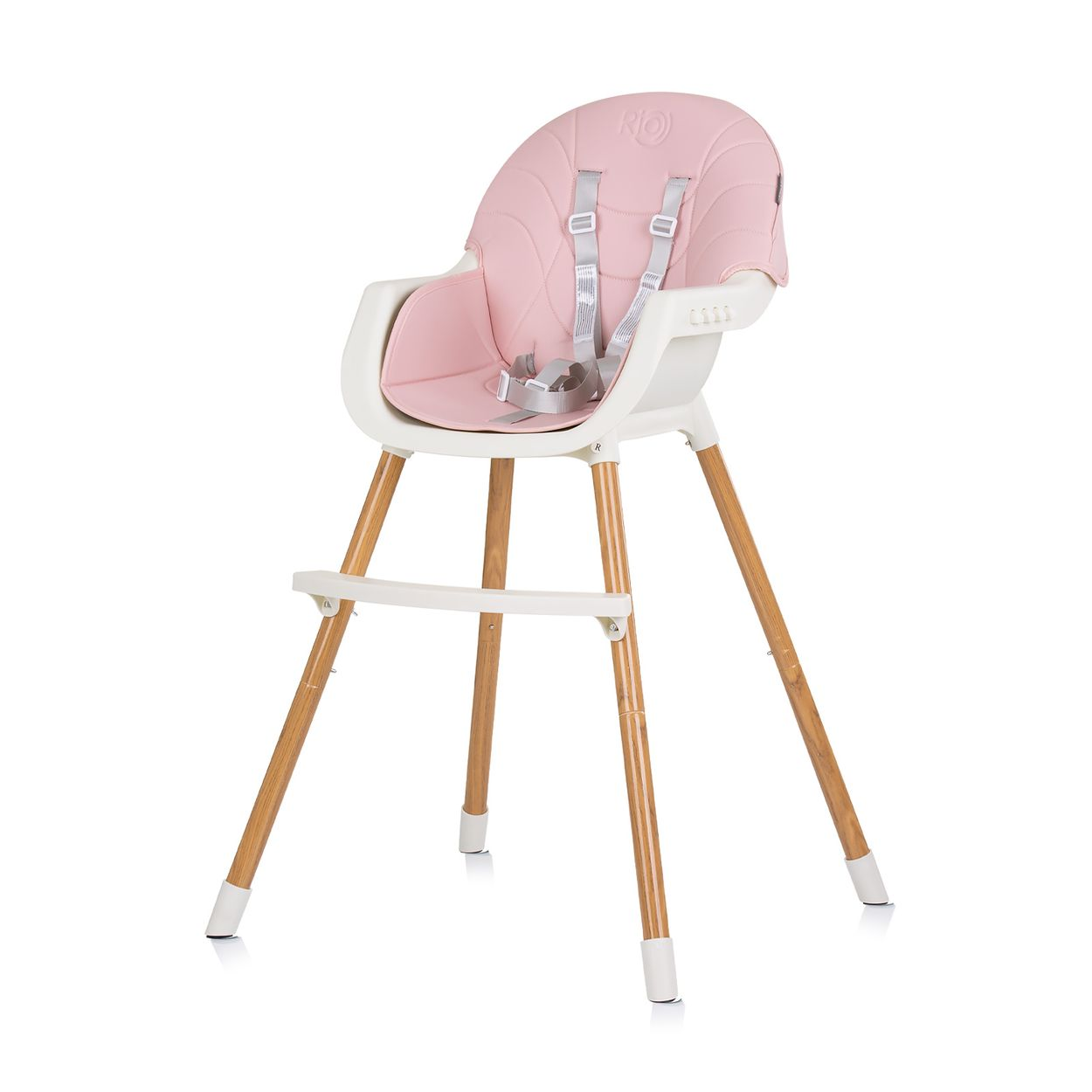 Rosa Baby-Hochstuhl mit Holzbeinen.