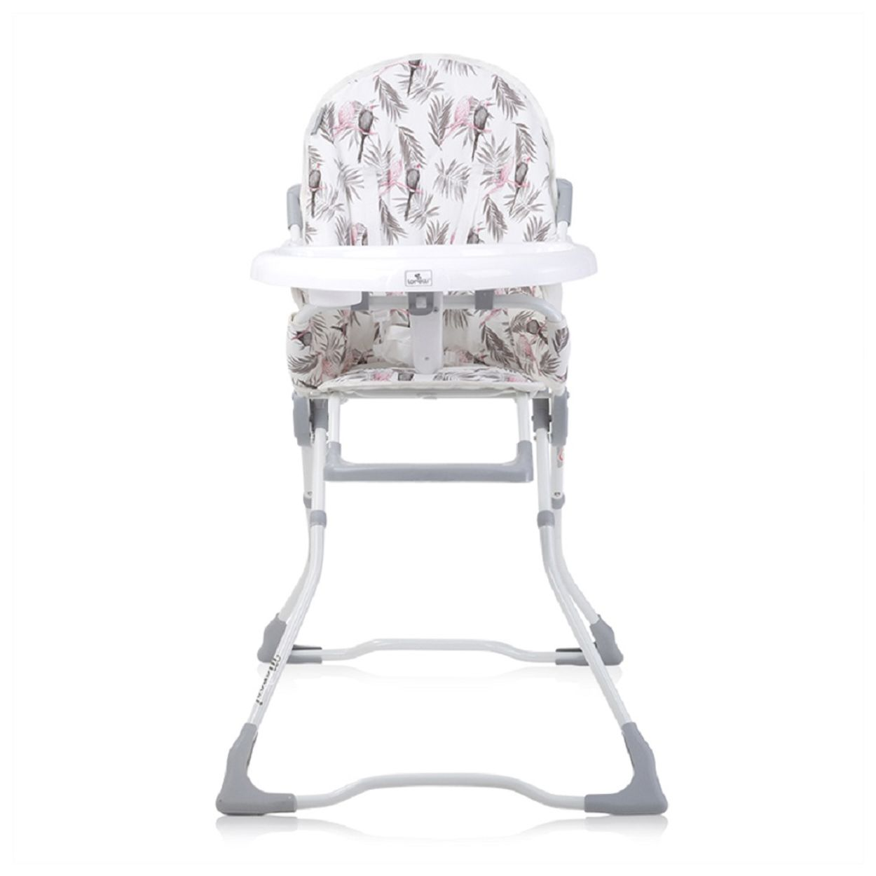 Una trona blanca con asiento estampado.