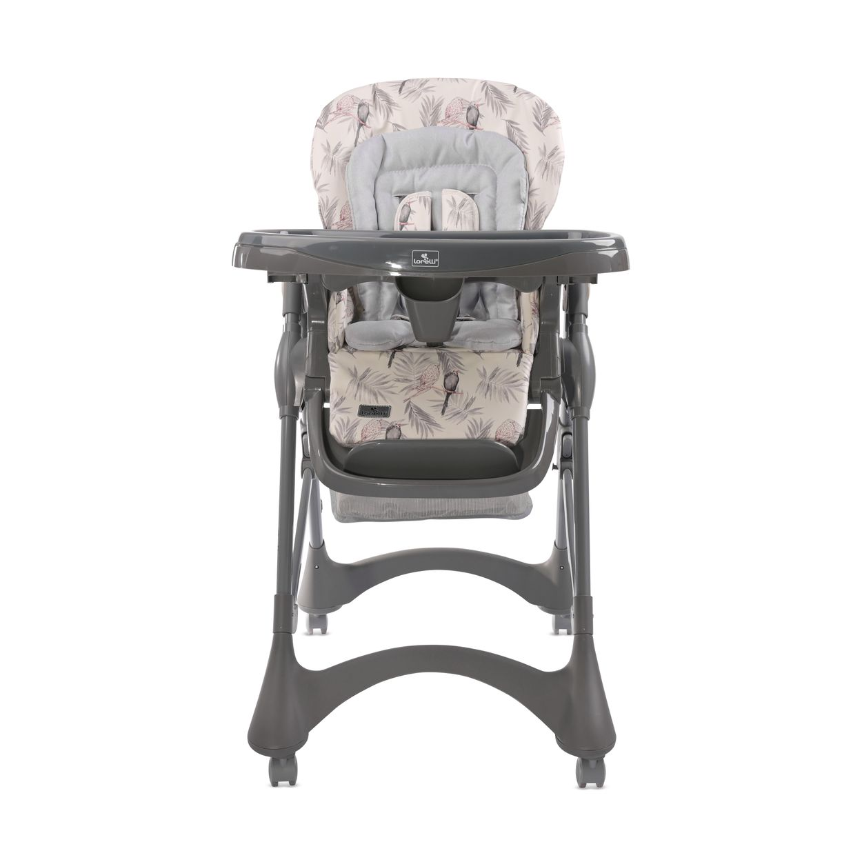 Babyhochstuhl mit floral gemustertem Sitz und grauem Gestell, auf weißem Hintergrund.
