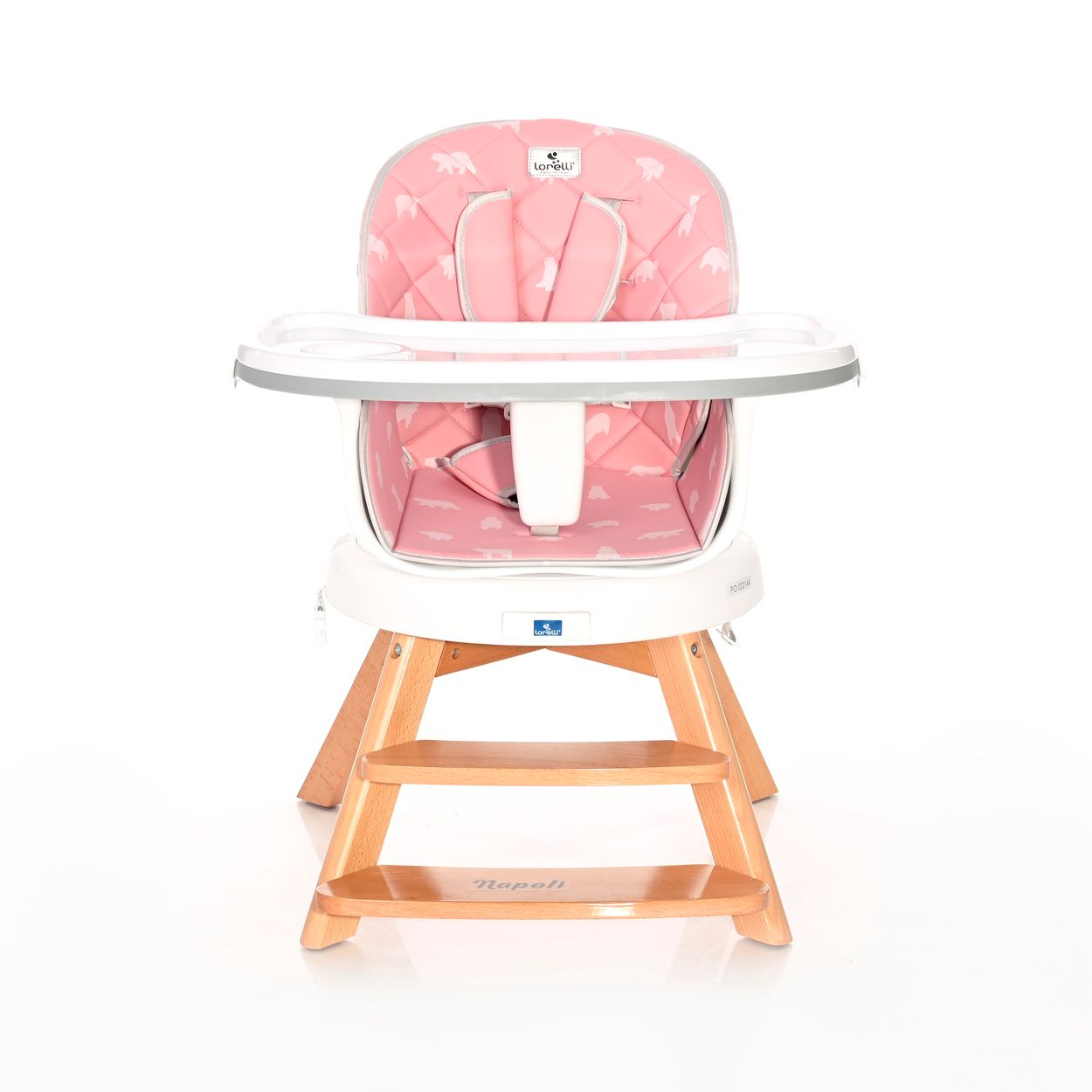 Rosa Babyhochstuhl mit Tiermuster, weißem Tablett und Holzbeinen.