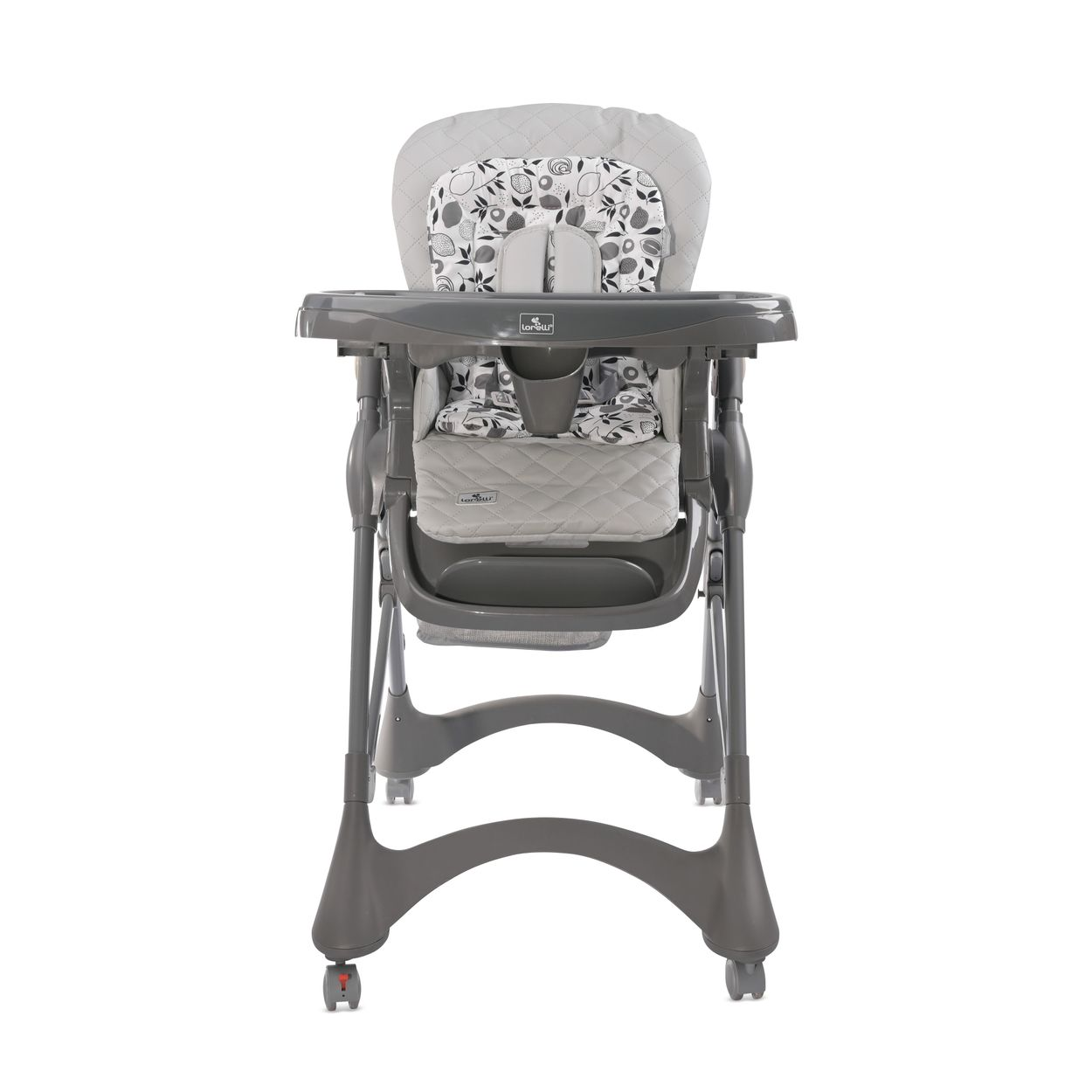 Ein grauer Babyhochstuhl mit Ablage, grauem Sitz und weißem Hintergrund.