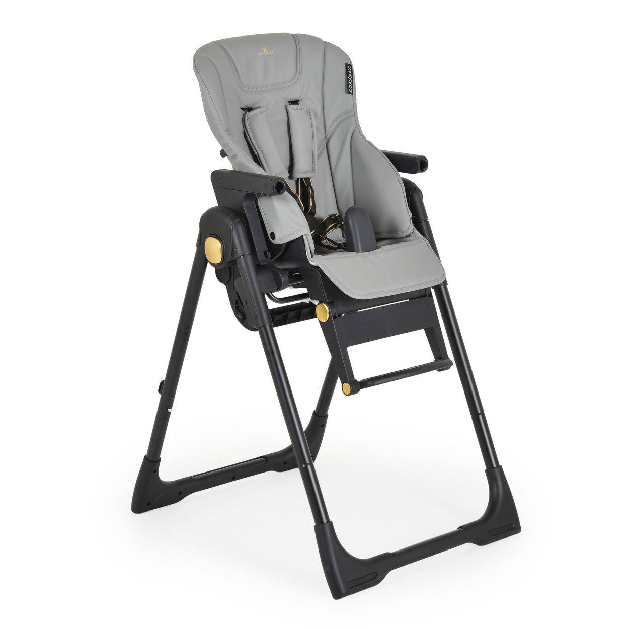 Grauer und schwarzer Babyhochstuhl mit Tablett, Sicherheitsgurten und höhenverstellbar.