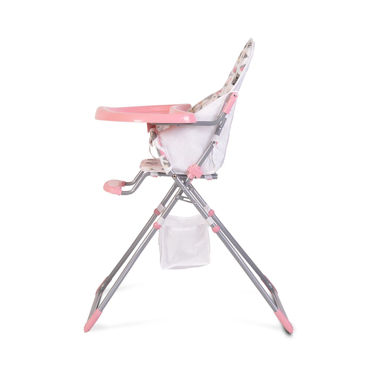 Silla alta plegable para bebés, vista lateral. Bandeja rosa, asiento de tela blanca, marco gris, acentos rosas.