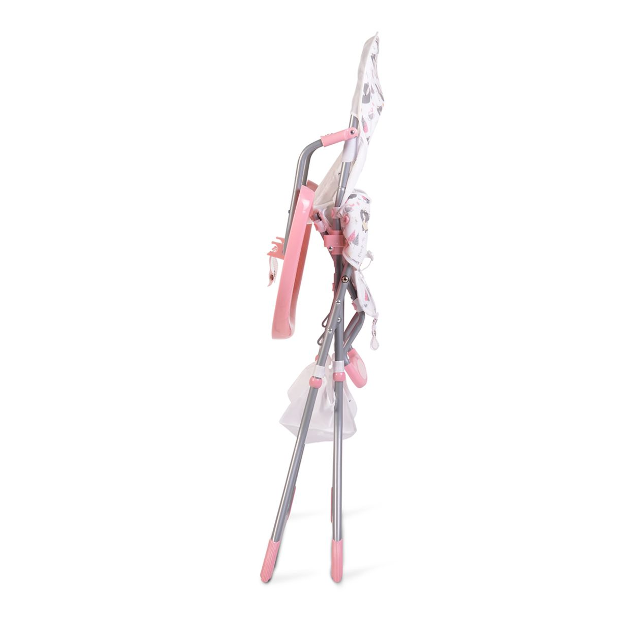 Silla alta para bebé rosa y gris plegada. Fondo blanco.