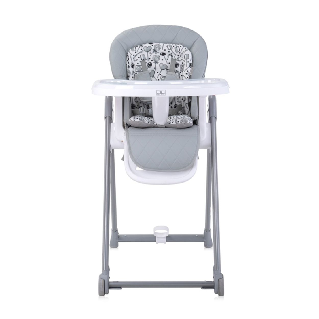 Silla alta gris con asiento y bandeja estampados, sobre fondo blanco. Plegada.