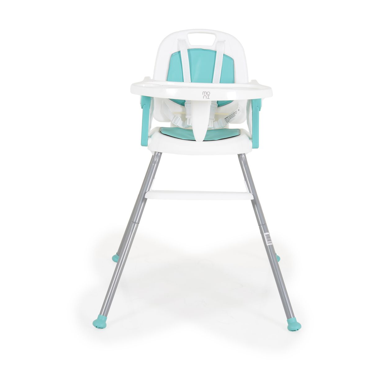 Silla alta para bebé en blanco y verde azulado. La silla está de pie con bandeja y asiento.
